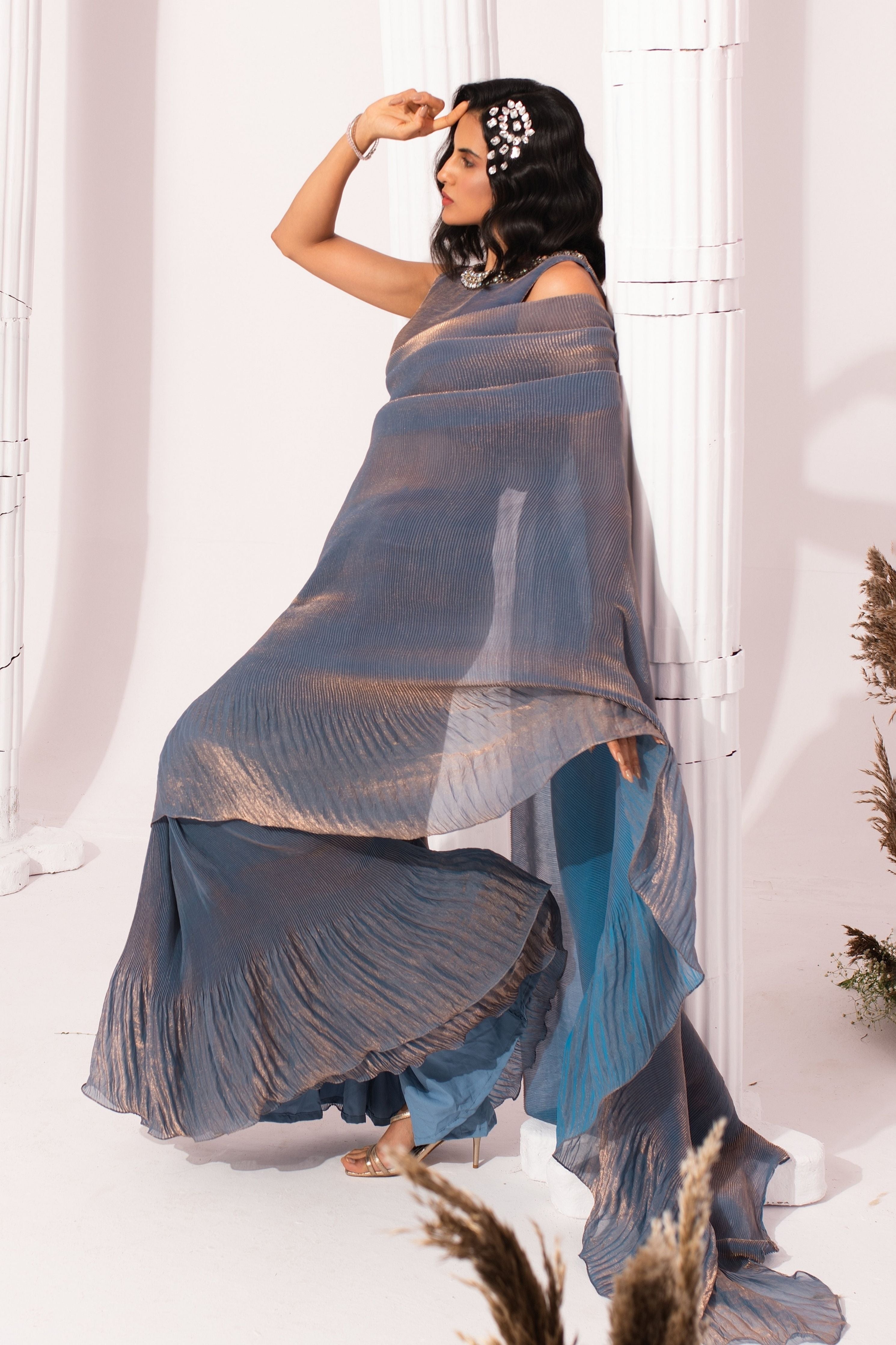 Metalic Steel Blue Pre-Draped Saree