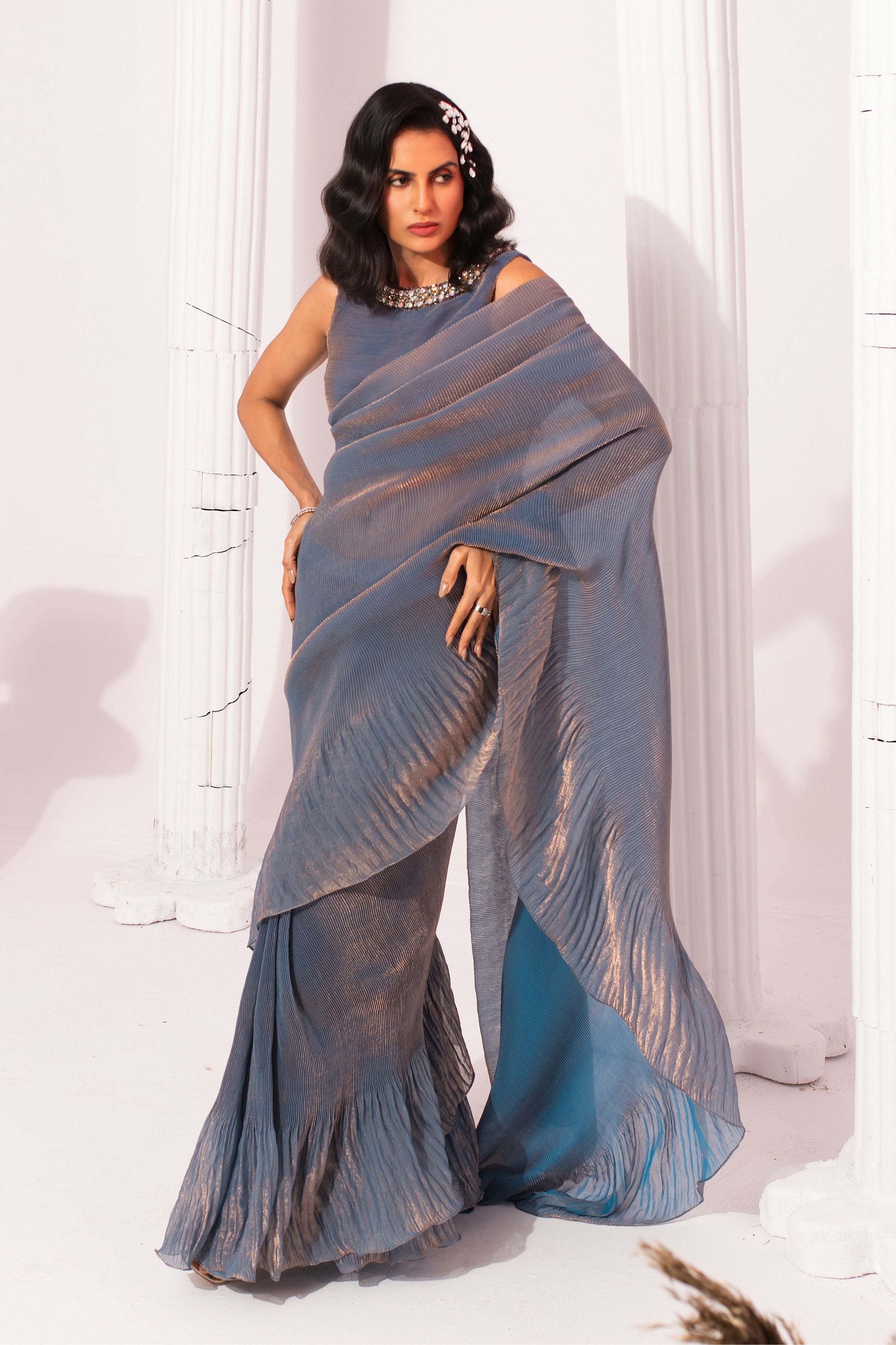 Metalic Steel Blue Pre-Draped Saree
