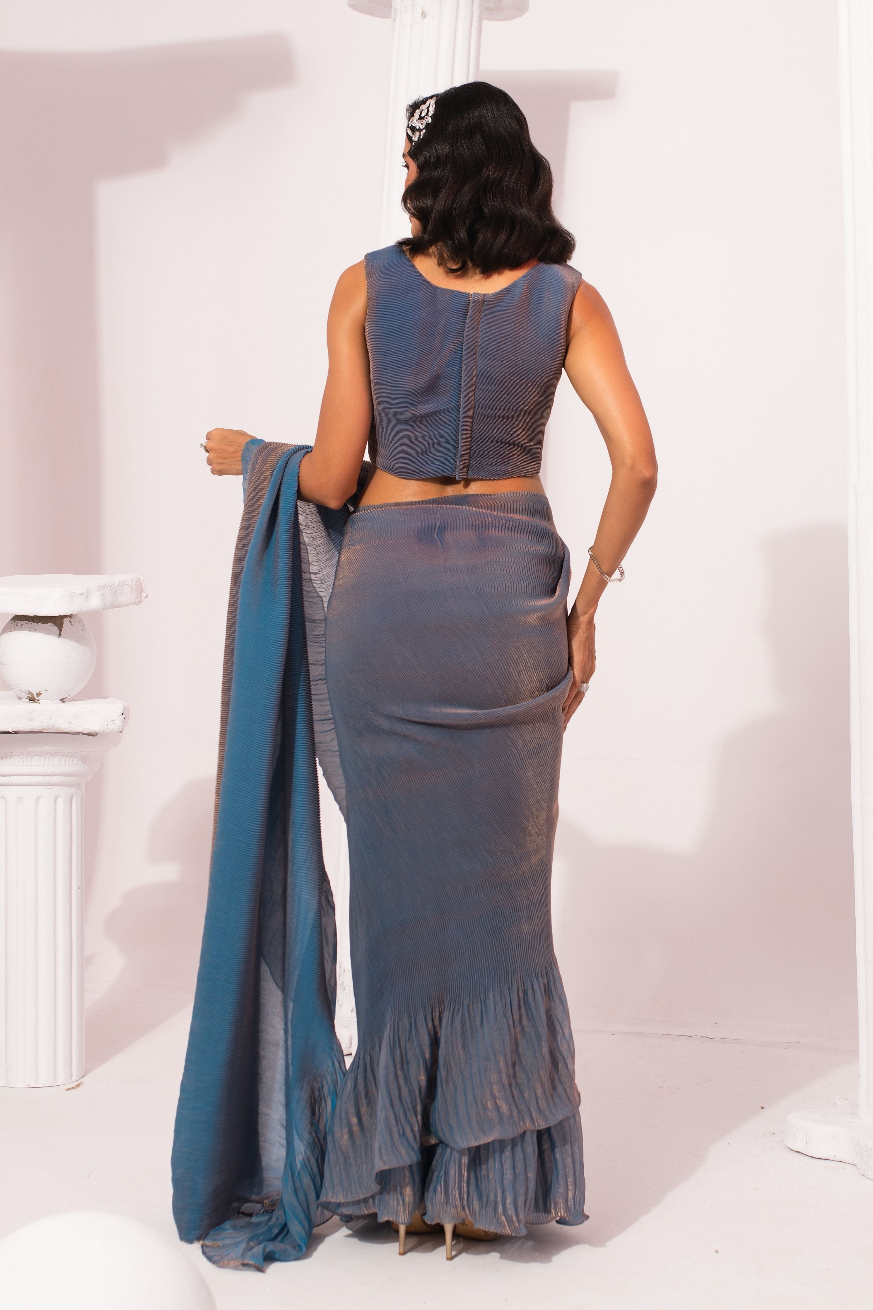 Metalic Steel Blue Pre-Draped Saree