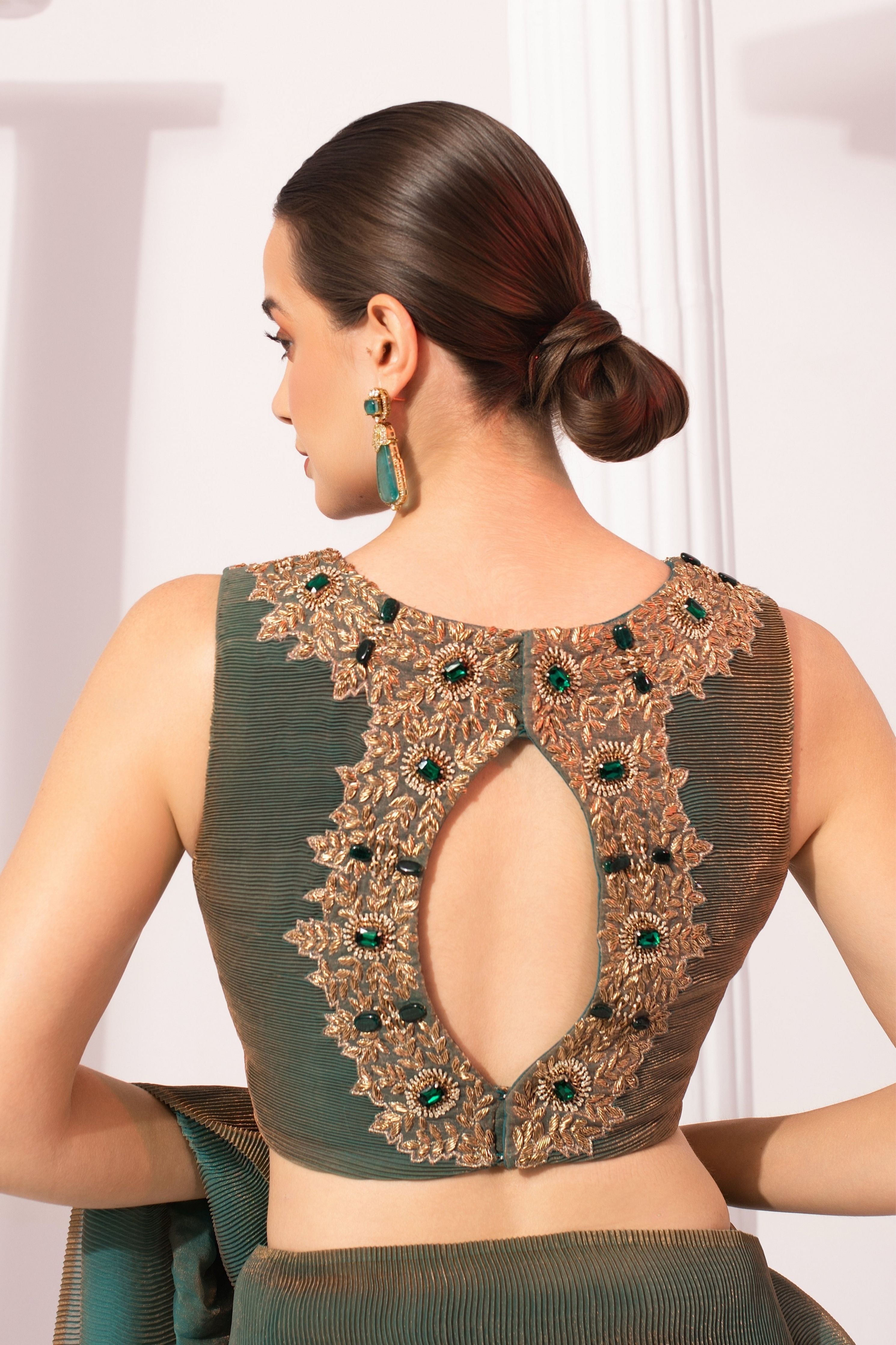 Metalic Moss Green Pre-Draped Saree