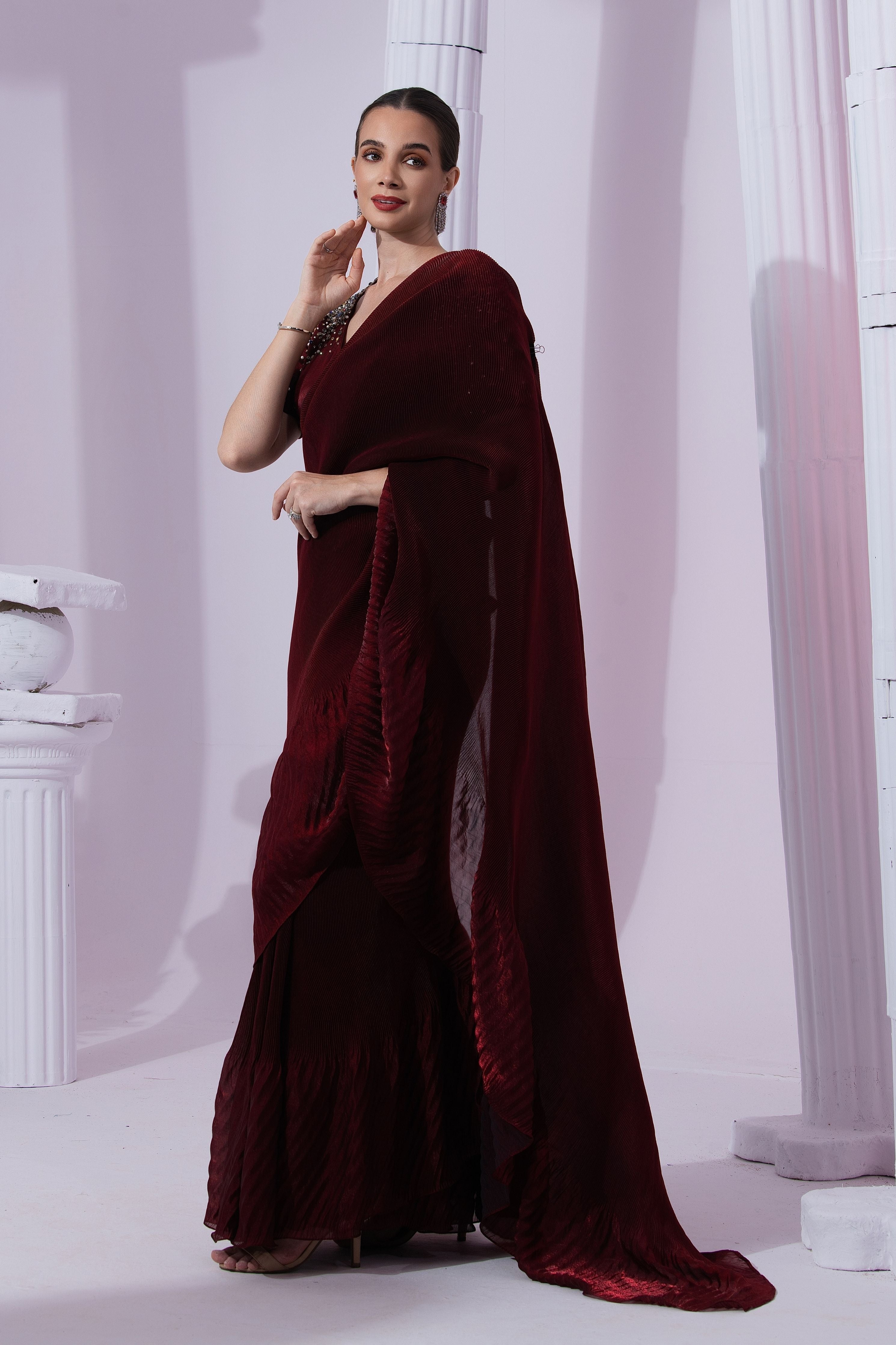 Metalic Wine Red Pre-Draped Saree