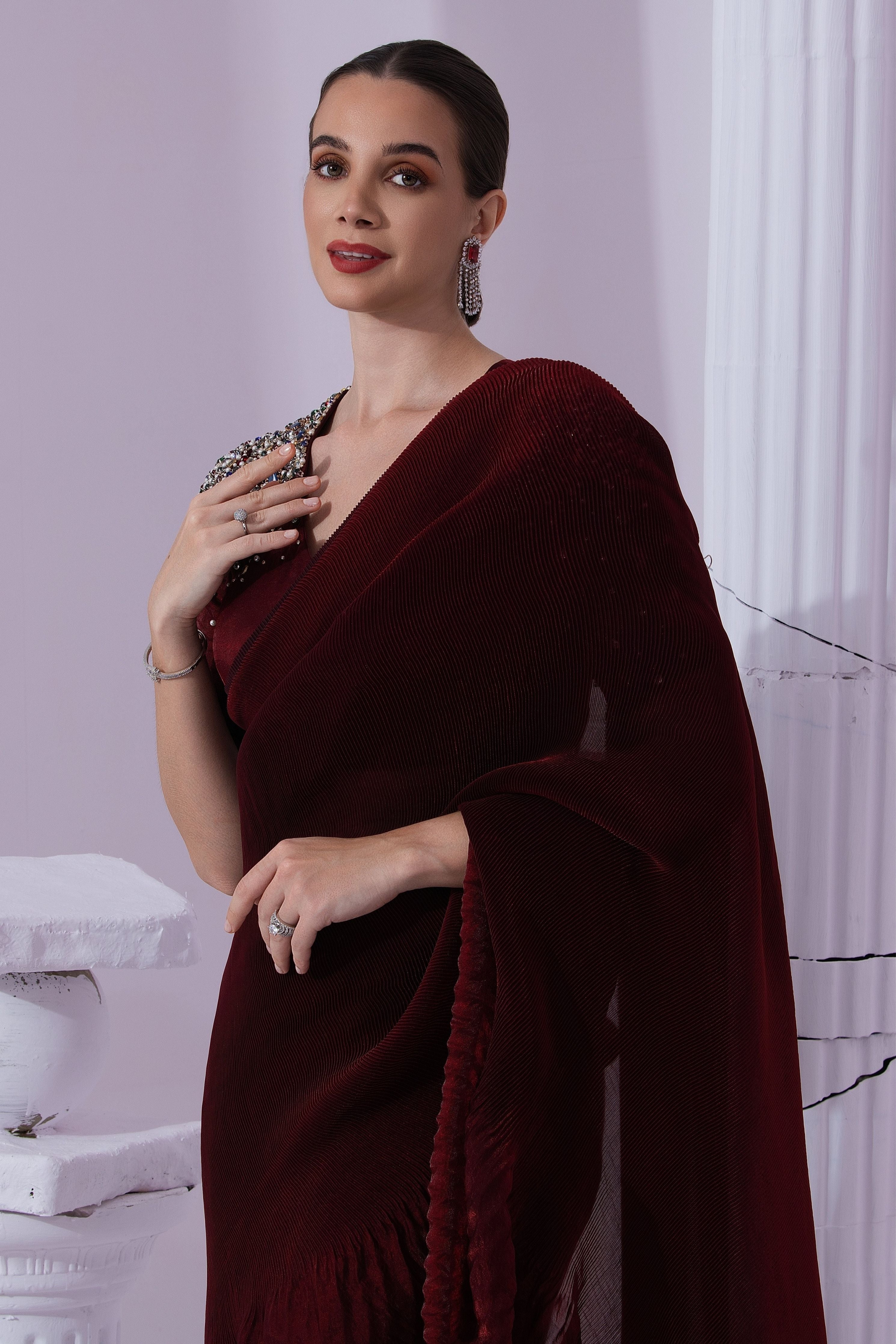 Metalic Wine Red Pre-Draped Saree