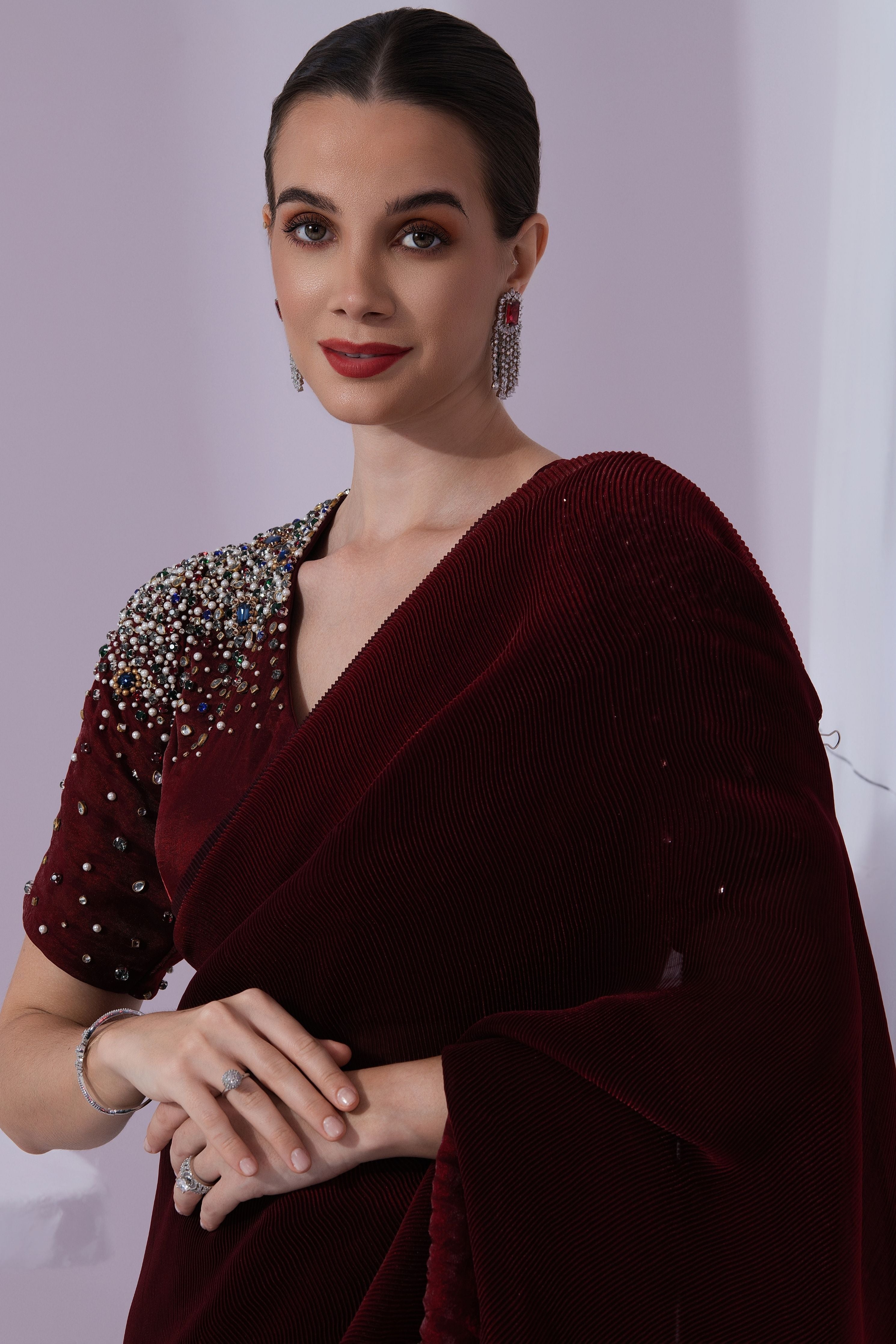 Metalic Wine Red Pre-Draped Saree
