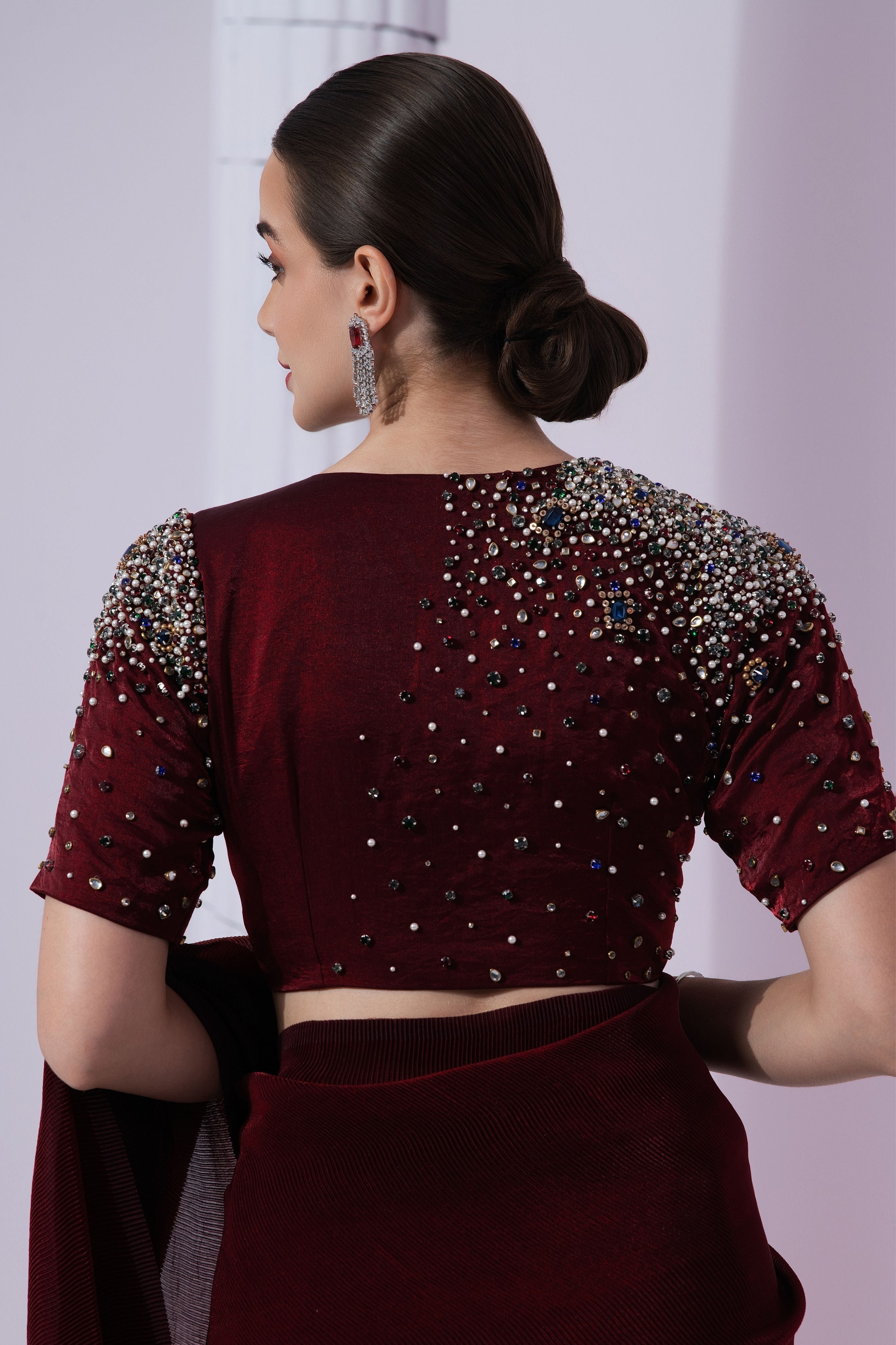 Metalic Wine Red Pre-Draped Saree