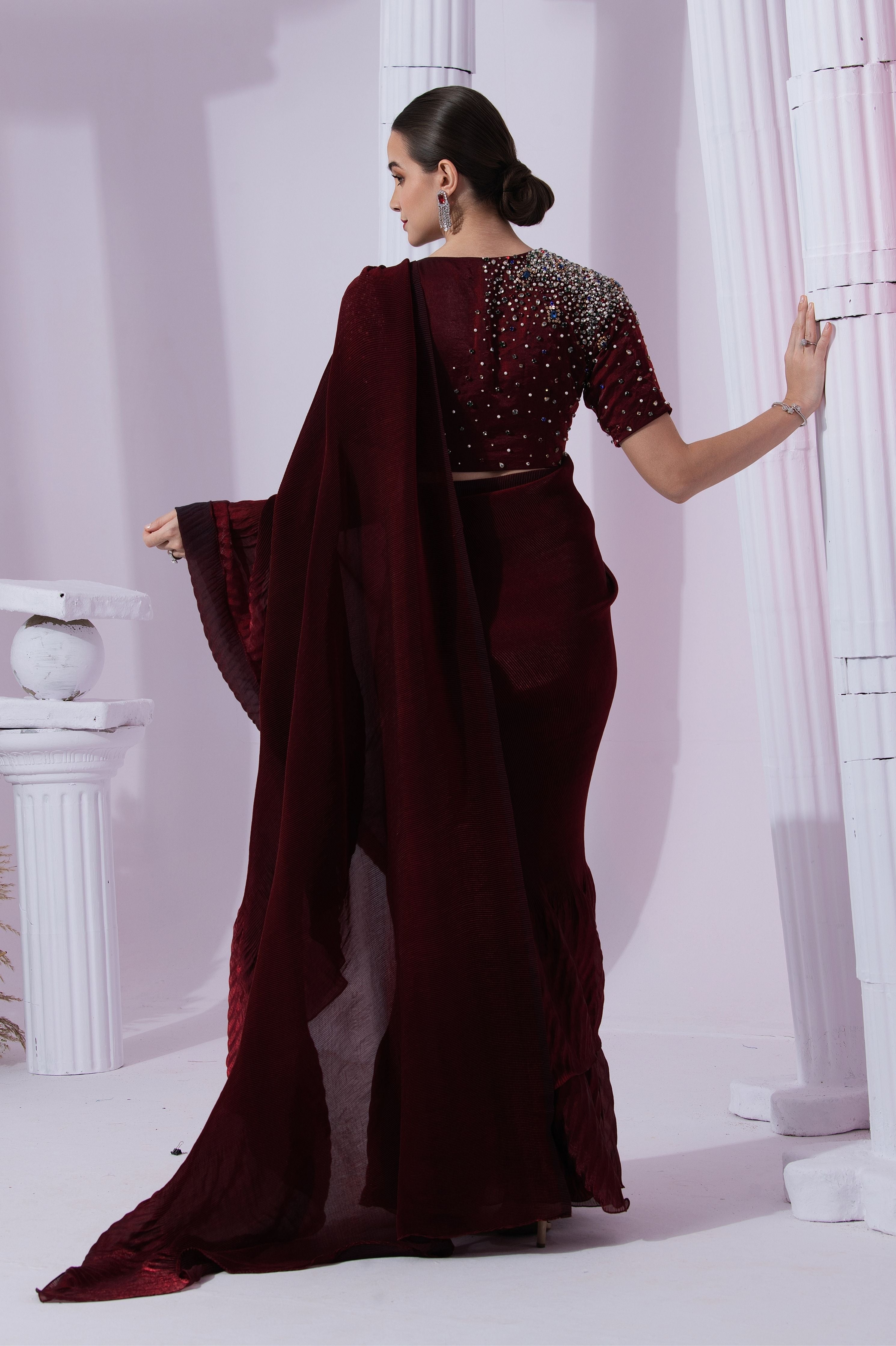 Metalic Wine Red Pre-Draped Saree