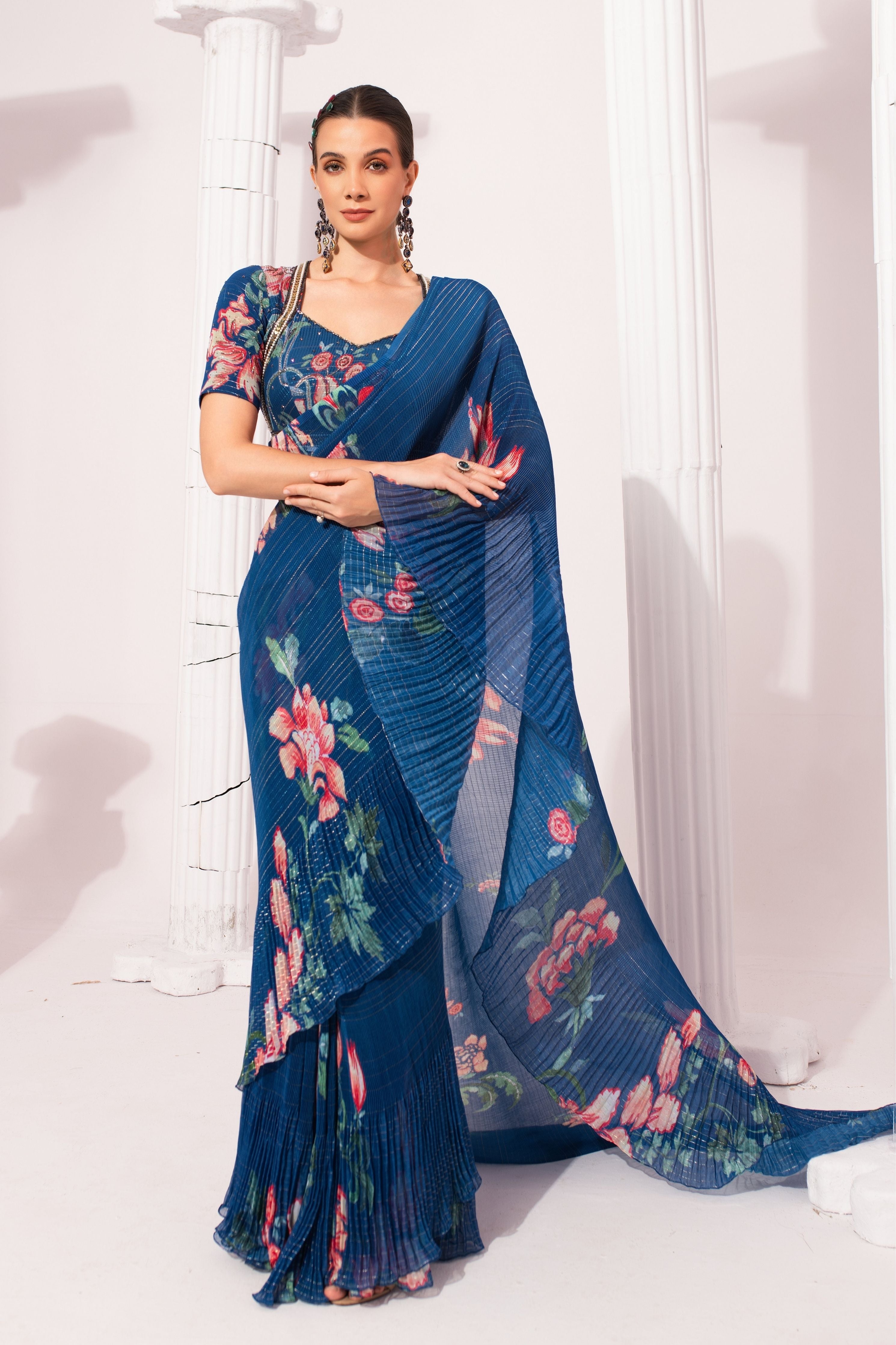 Wildflower Deep Blue Pre-Draped Saree