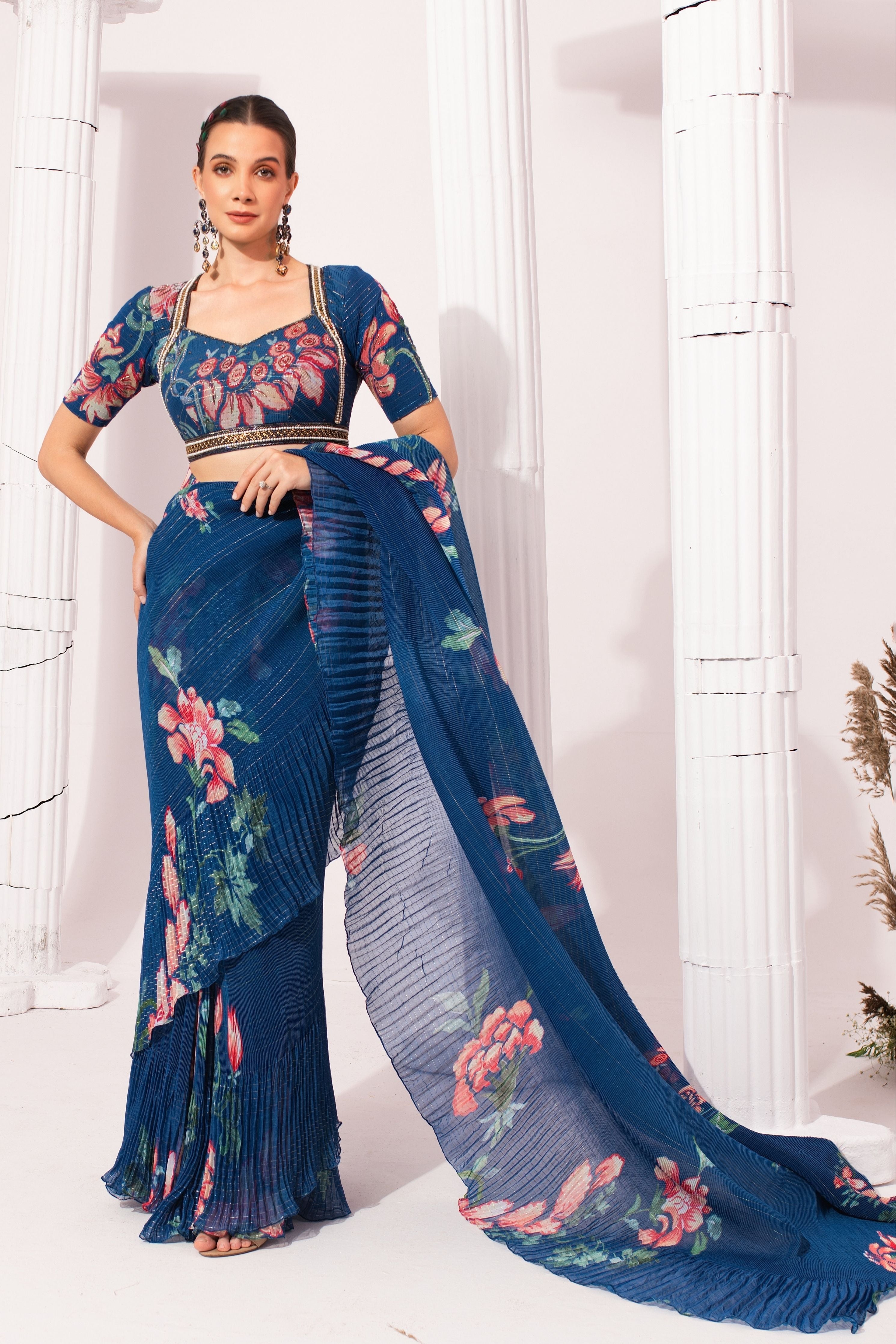 Wildflower Deep Blue Pre-Draped Saree