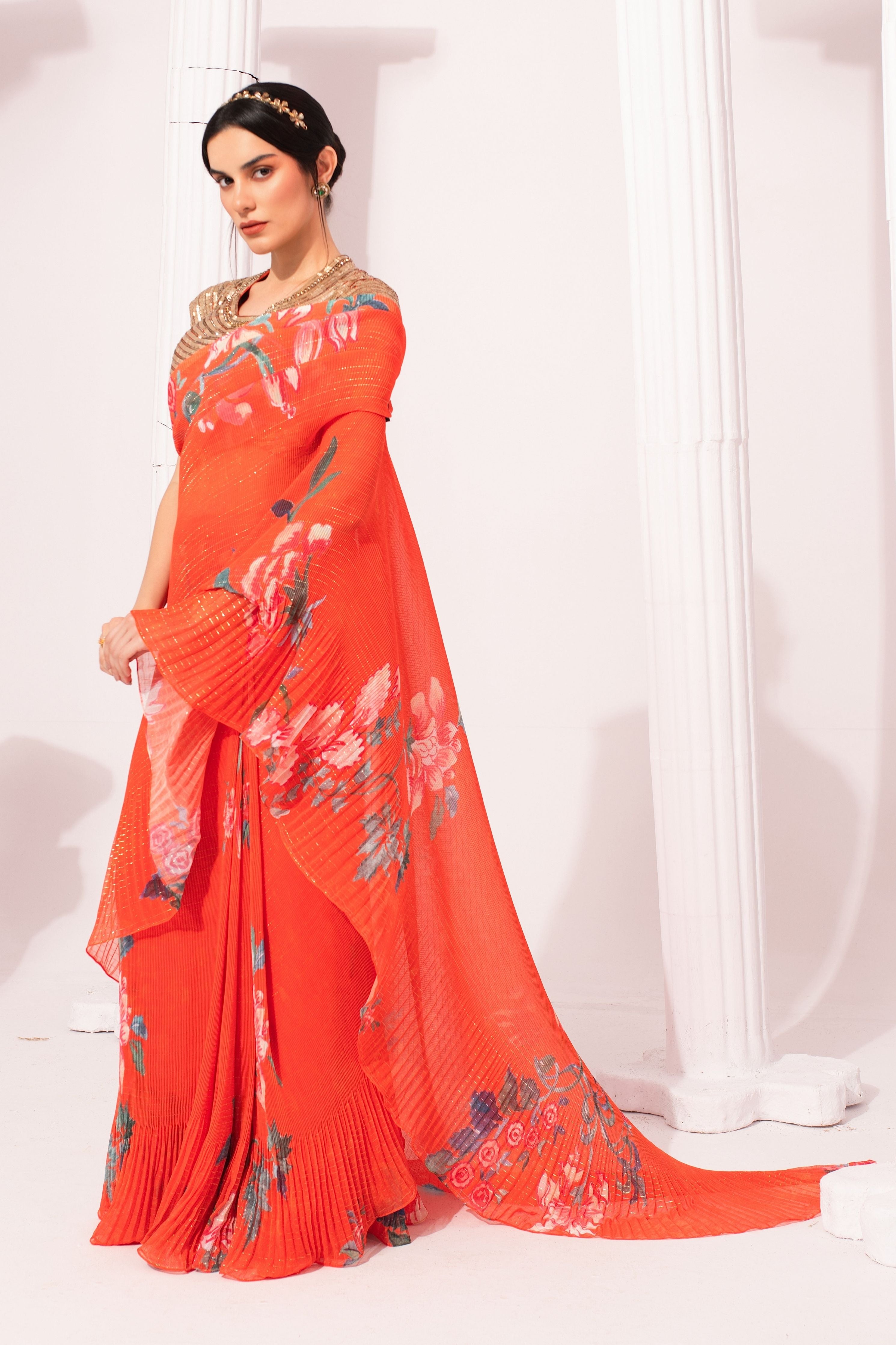 Wildflower Muse Orangey Red Pre-Draped Saree