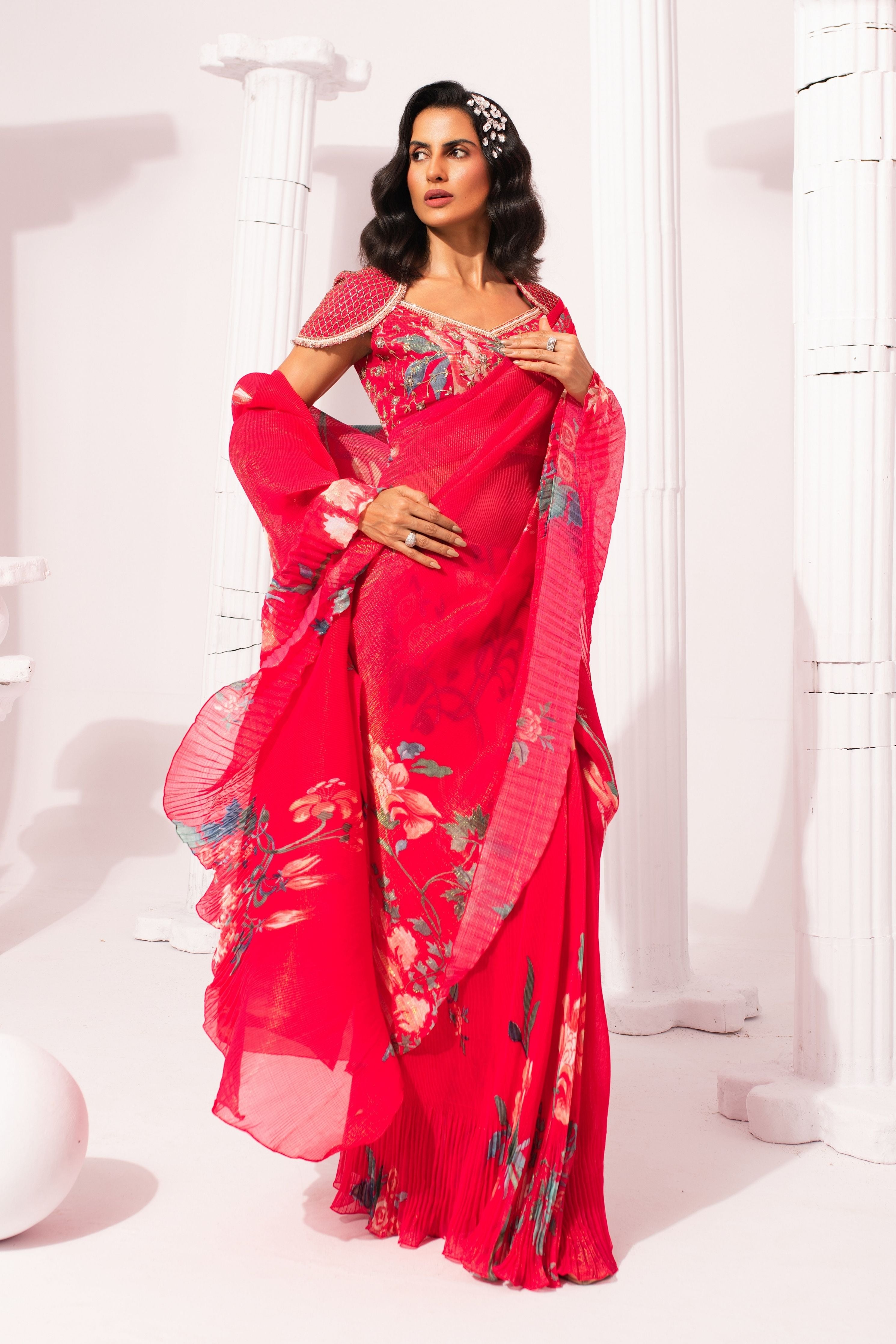 Wildflower Muse Cherry Pink Pre-Draped Saree
