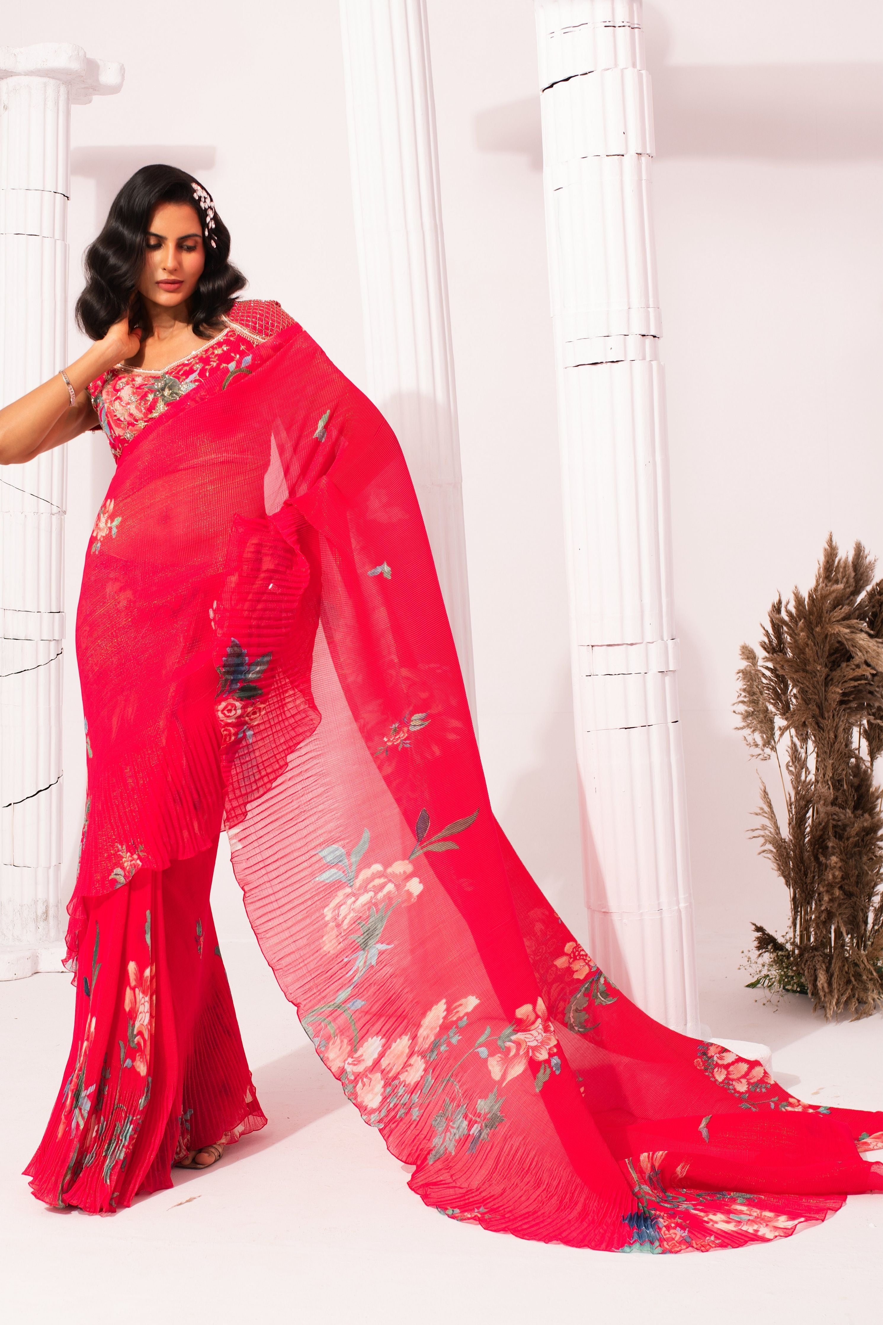 Wildflower Muse Cherry Pink Pre-Draped Saree