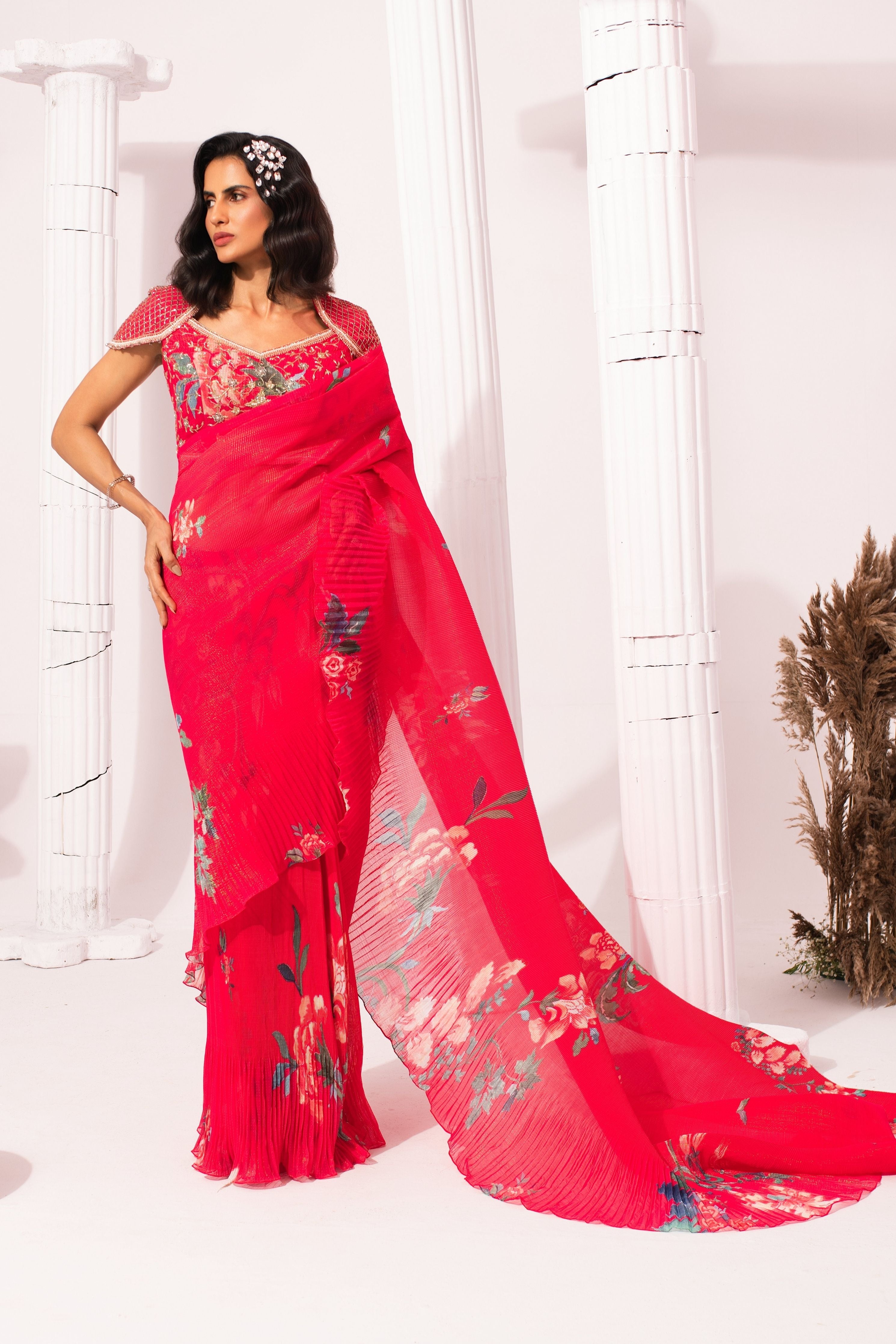 Wildflower Muse Cherry Pink Pre-Draped Saree