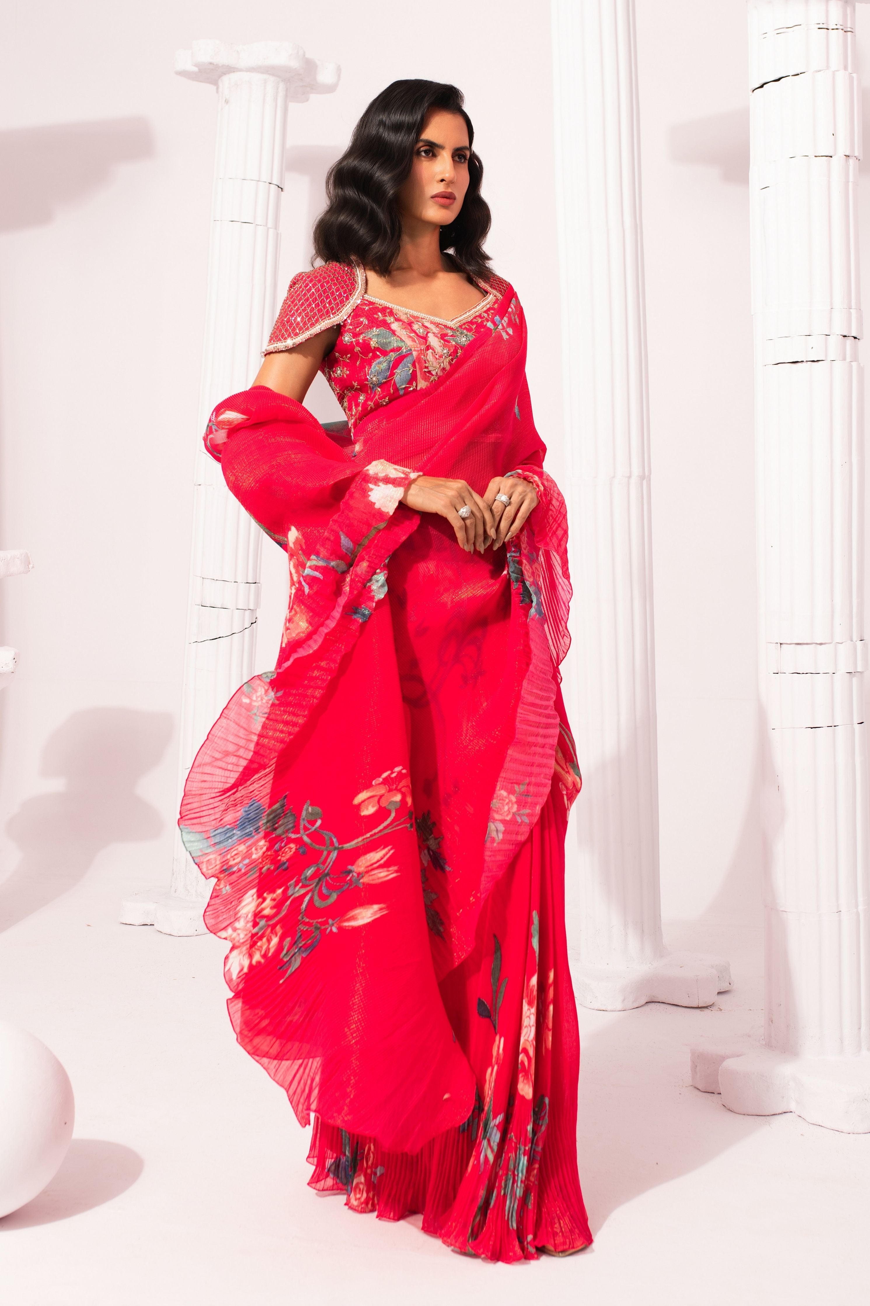 Wildflower Muse Cherry Pink Pre-Draped Saree