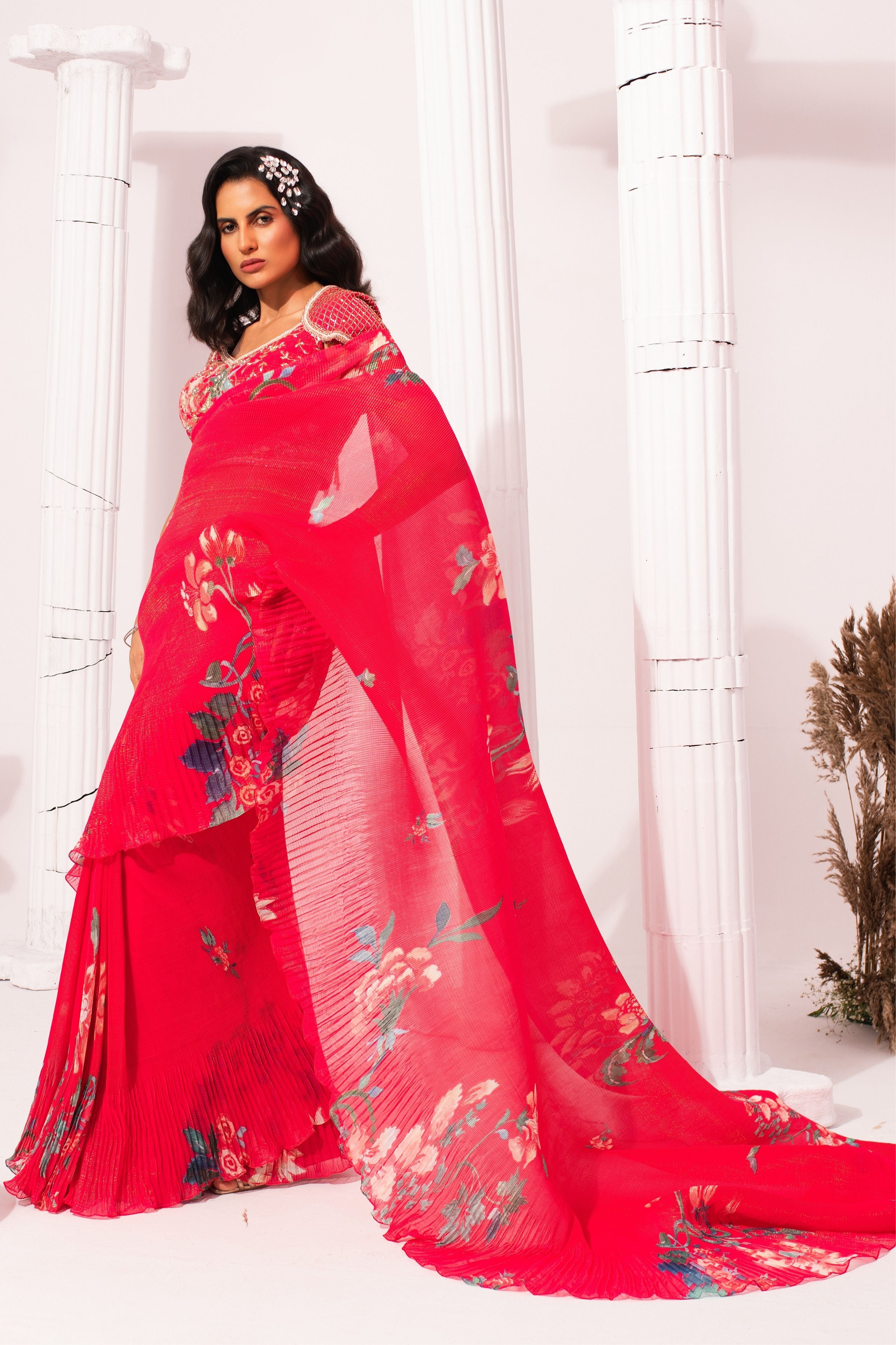 Wildflower Muse Cherry Pink Pre-Draped Saree