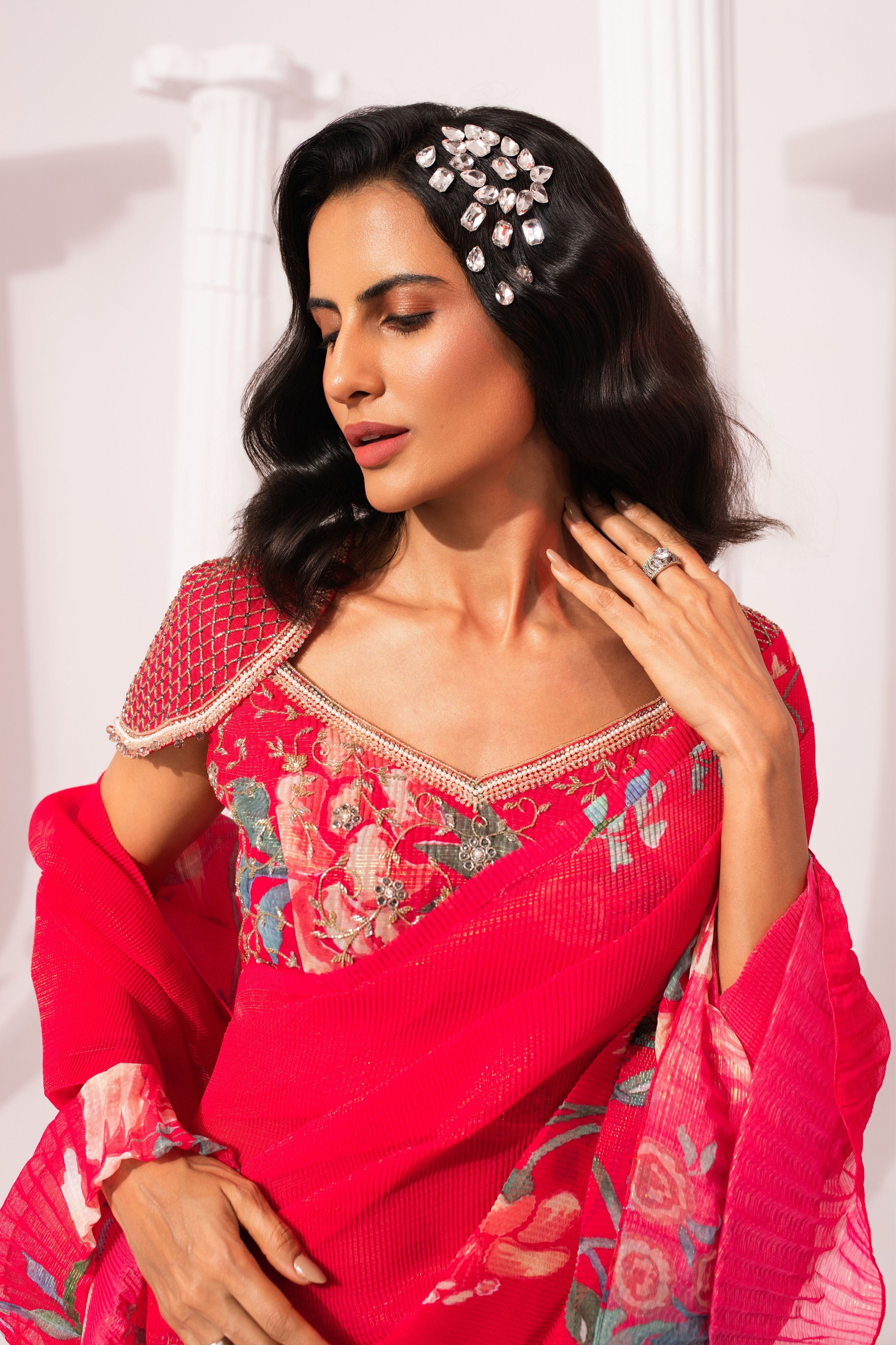 Wildflower Muse Cherry Pink Pre-Draped Saree