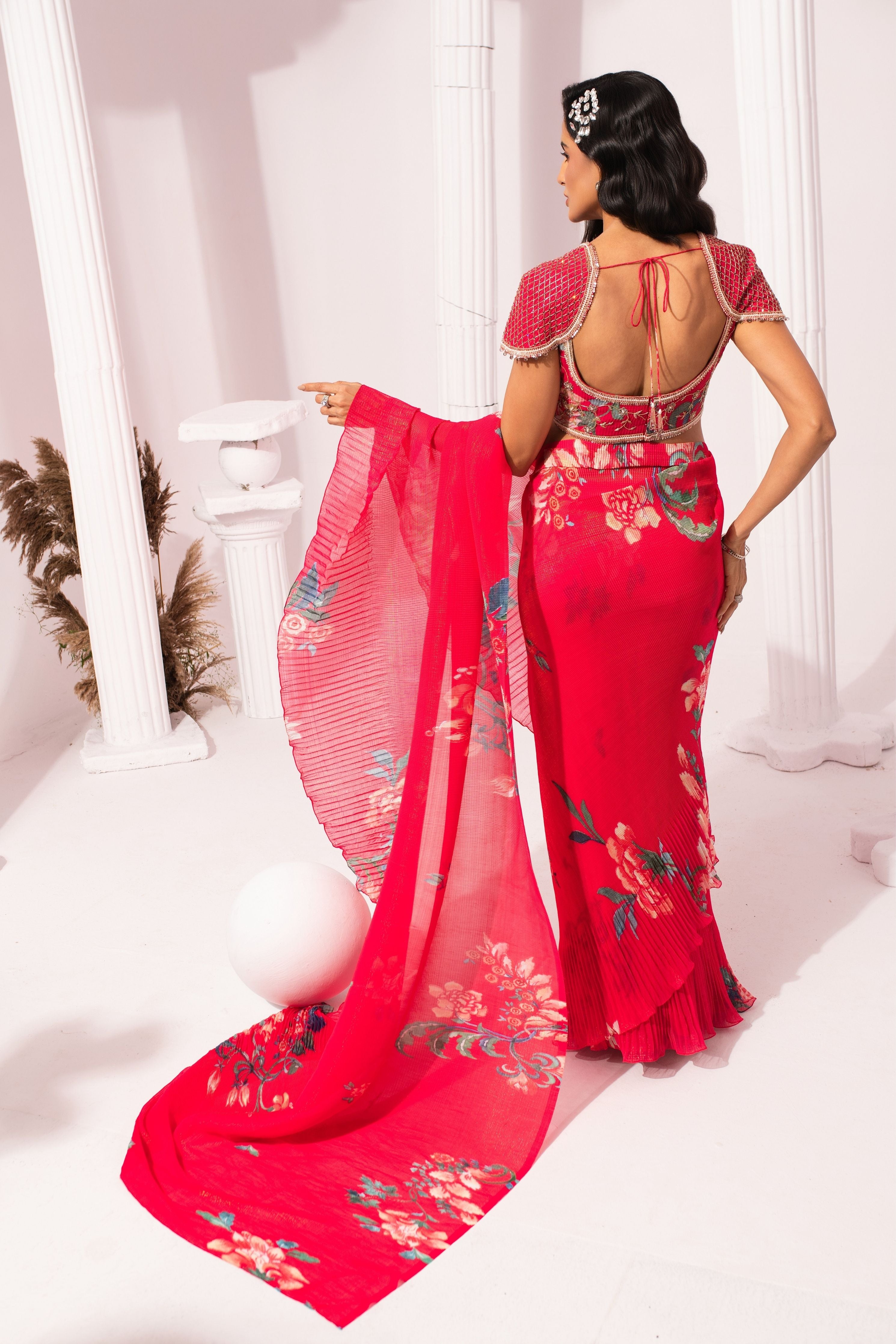 Wildflower Muse Cherry Pink Pre-Draped Saree