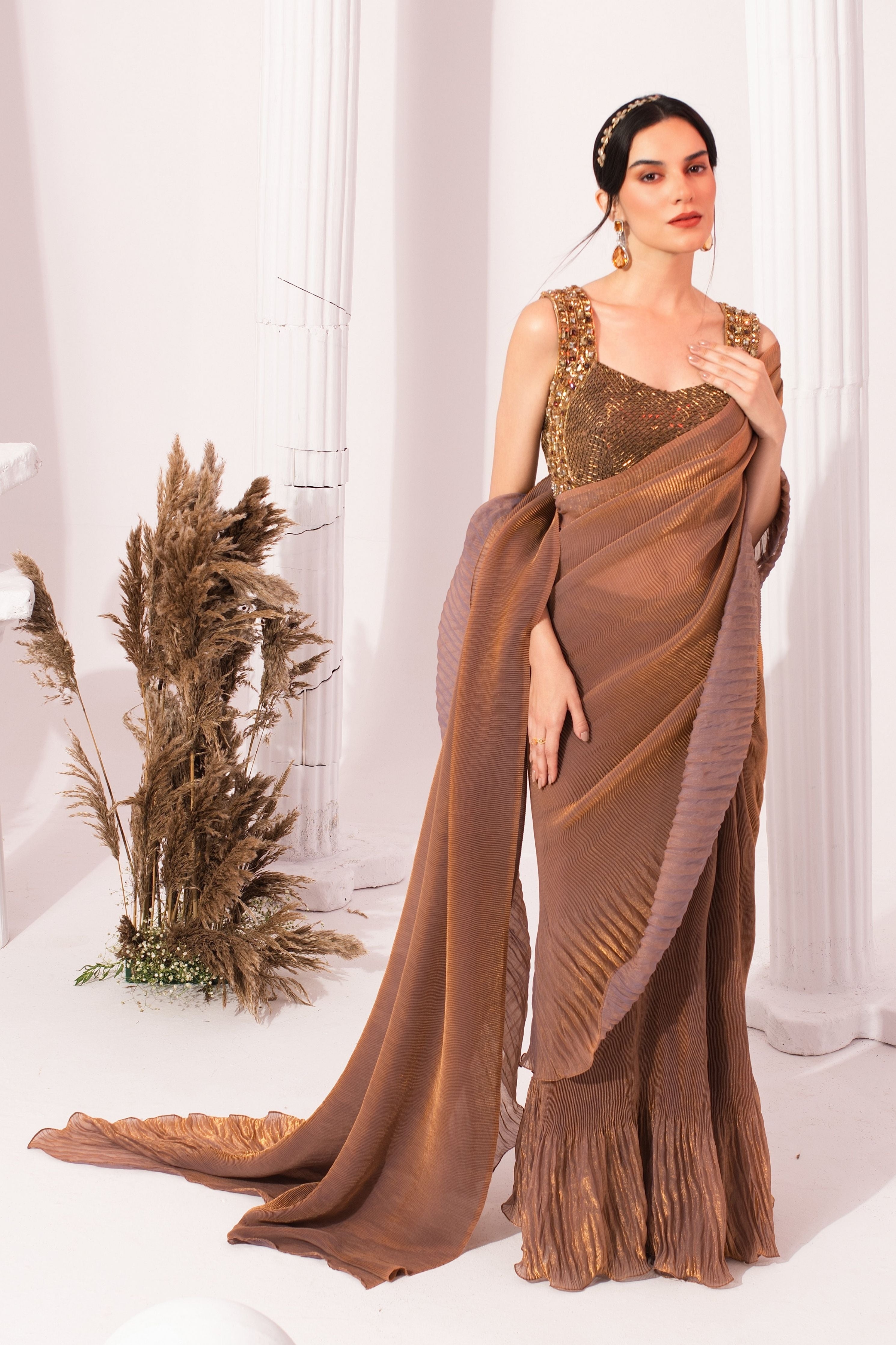 Metalic Chestnut Pre-Draped Saree
