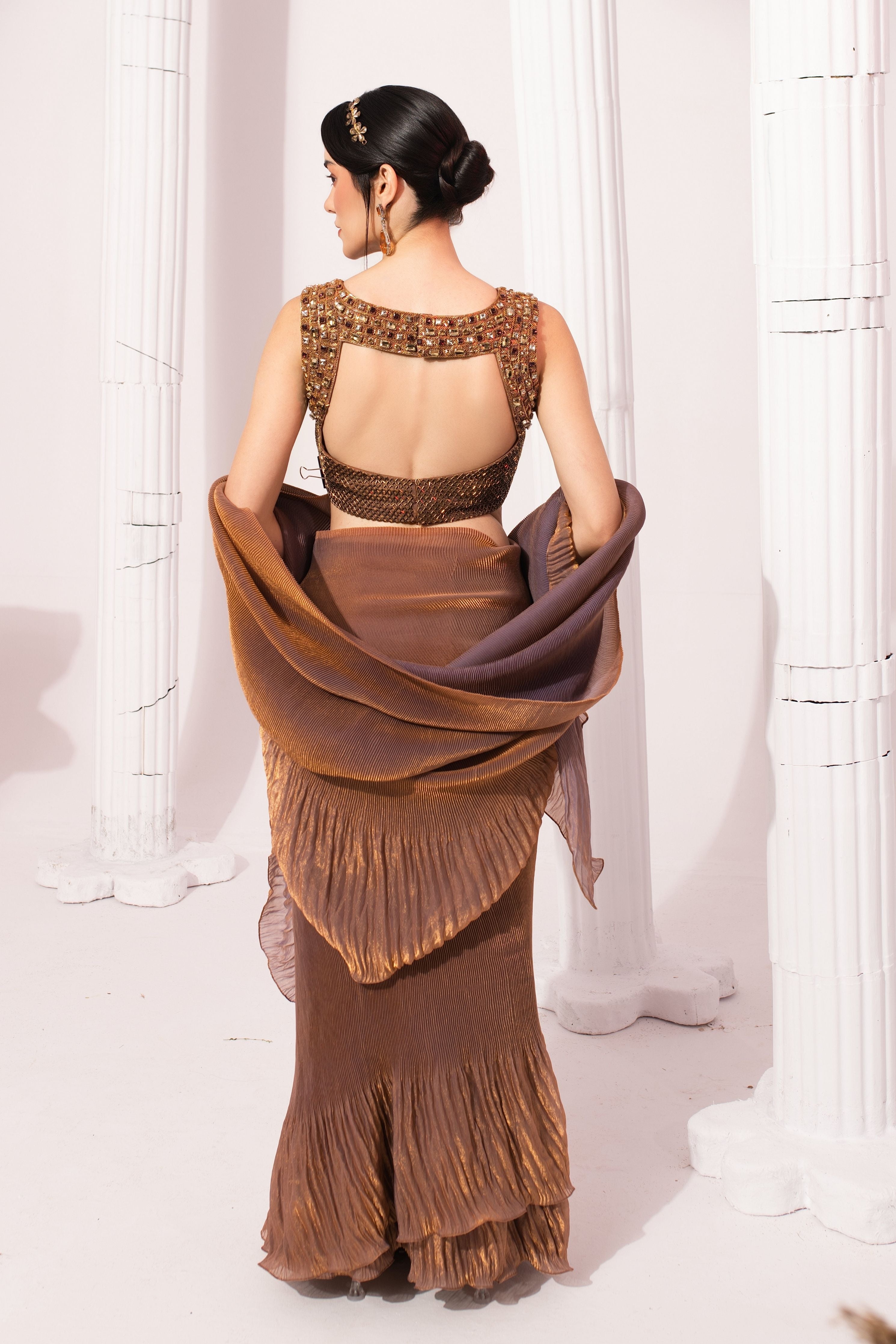 Metalic Chestnut Pre-Draped Saree