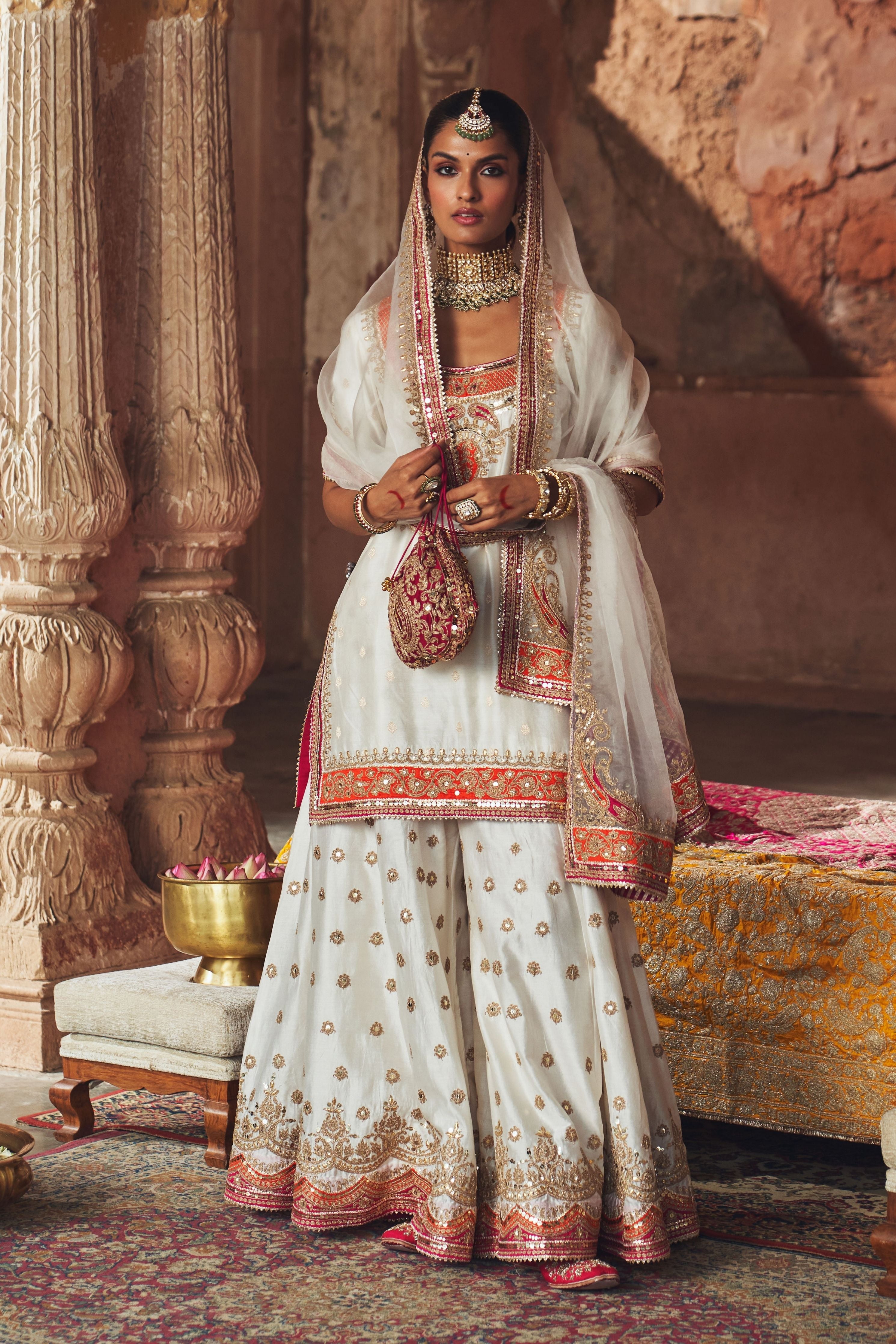 Samreen  Daisy Ivory Short Kurta With Sharara And Dupatta