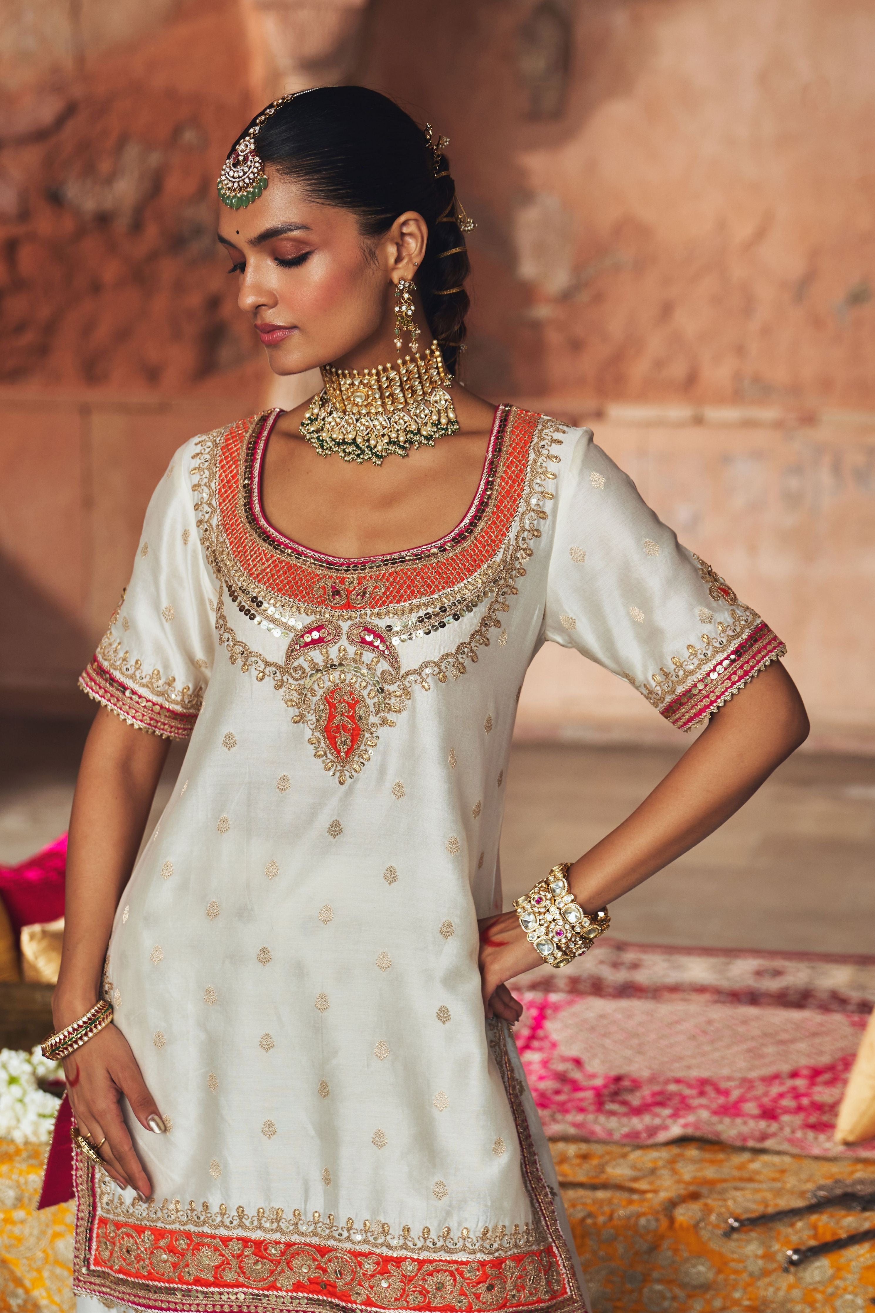 Samreen  Daisy Ivory Short Kurta With Sharara And Dupatta