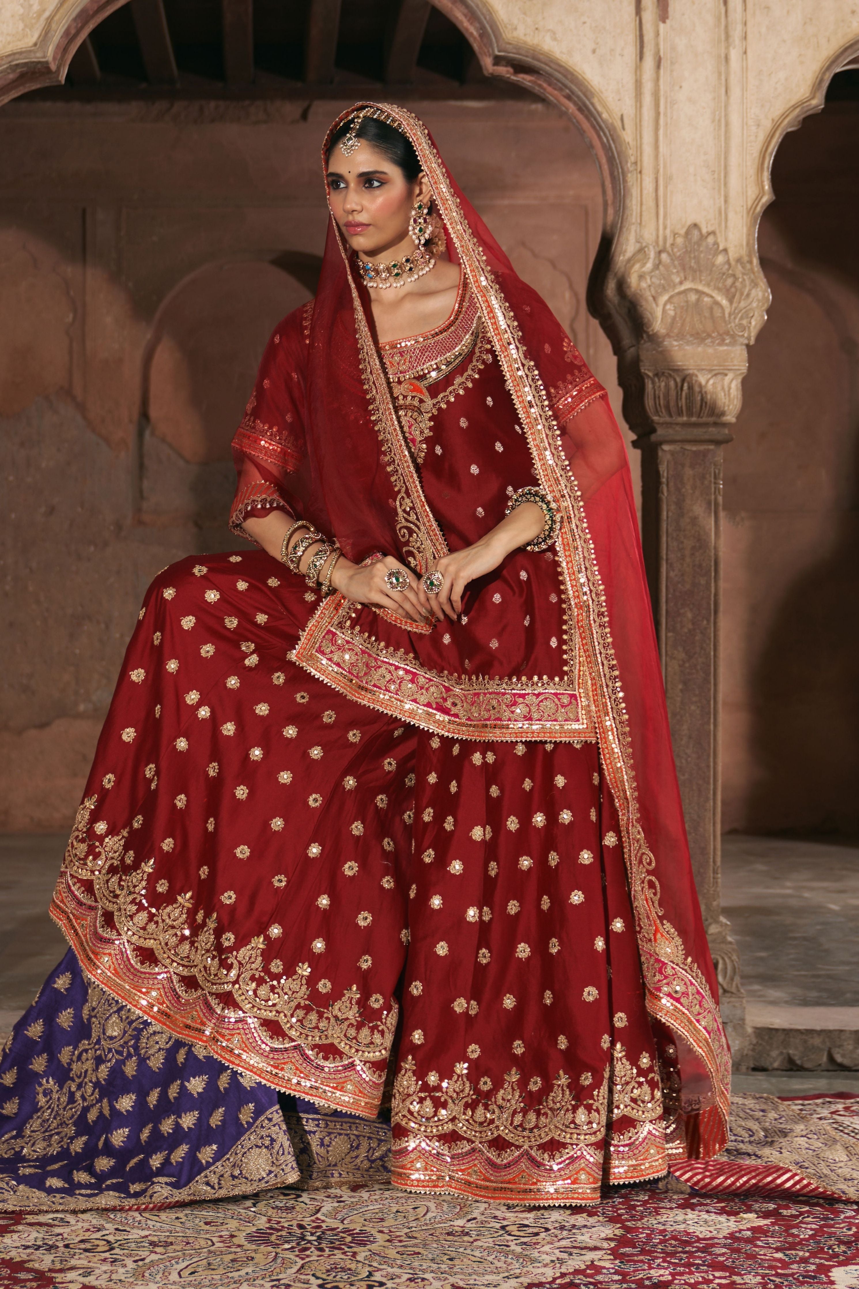 Samreen  Deep Red Short Kurta With Sharara And Dupatta