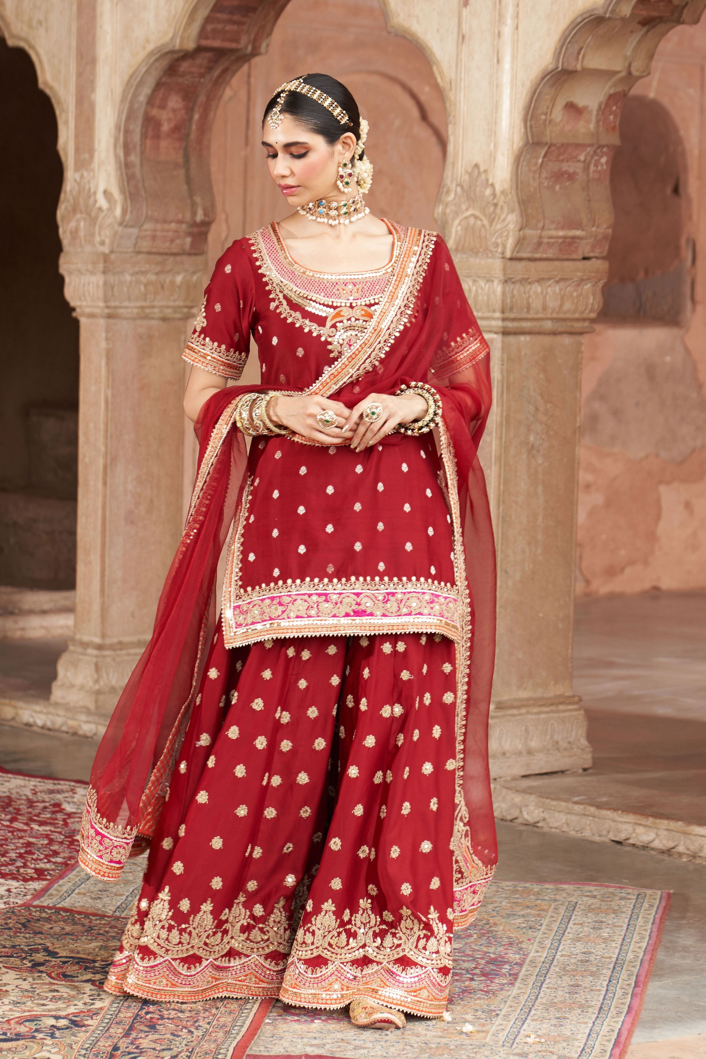 Samreen  Deep Red Short Kurta With Sharara And Dupatta