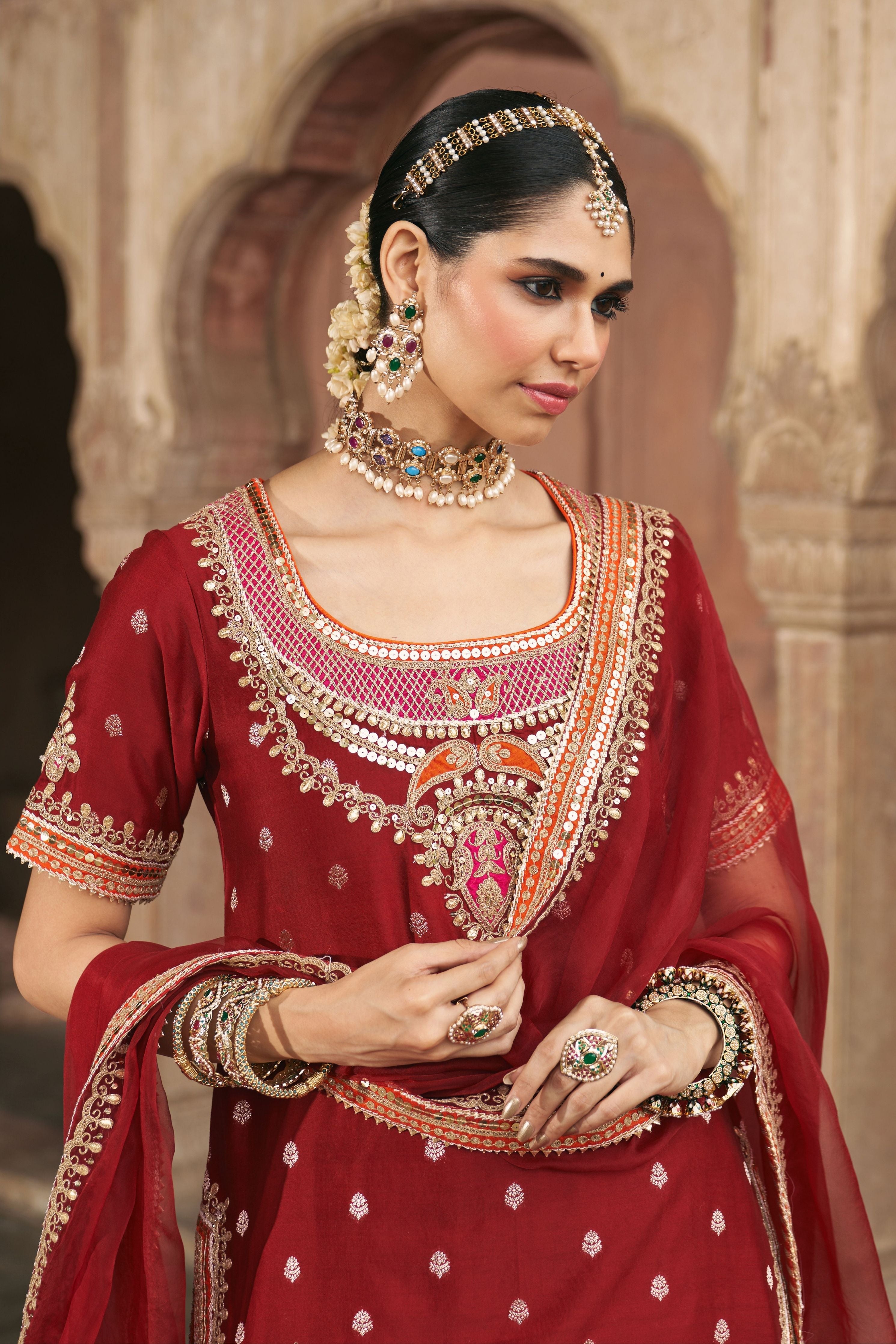 Samreen  Deep Red Short Kurta With Sharara And Dupatta