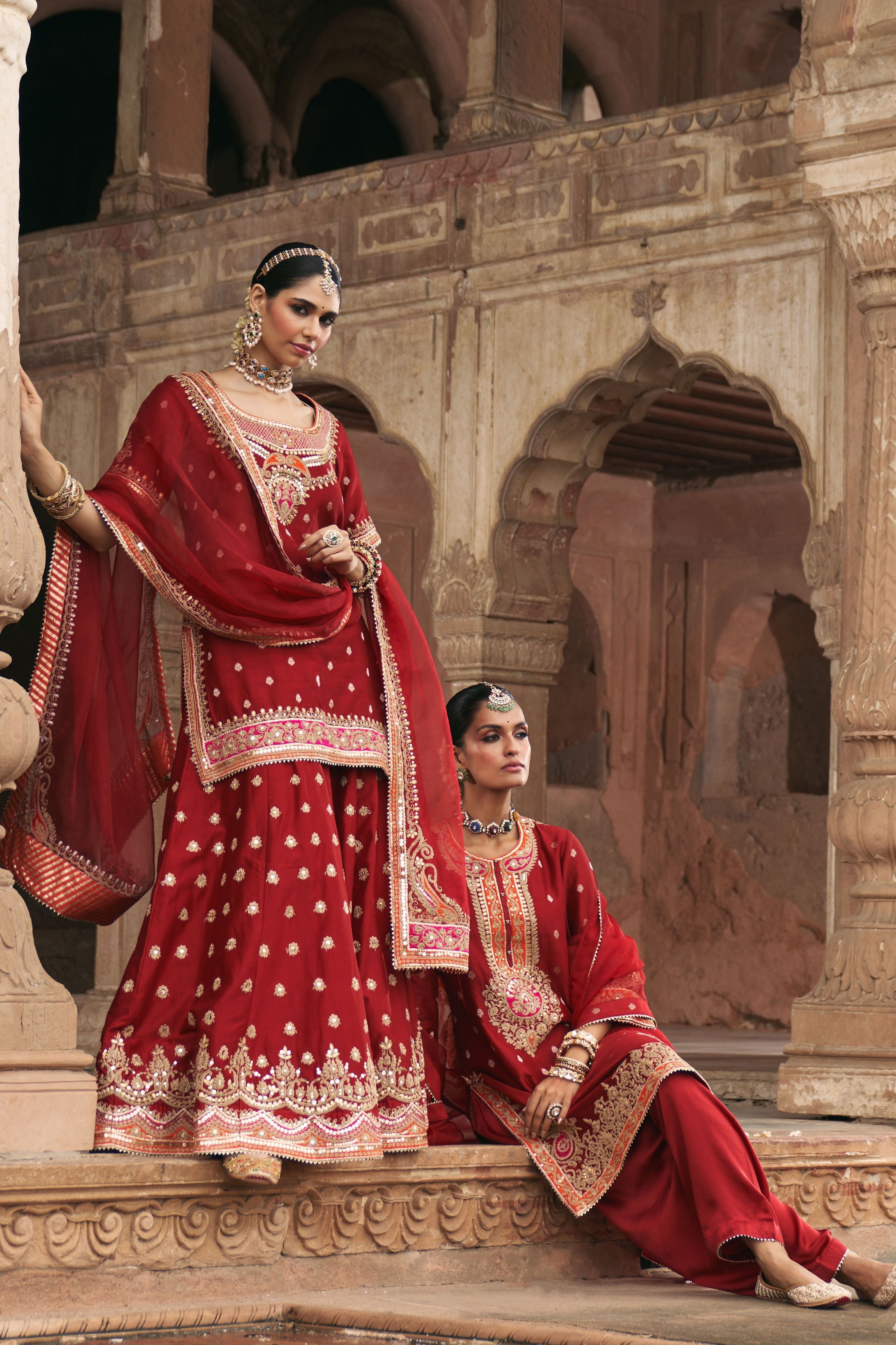 Samreen  Deep Red Short Kurta With Sharara And Dupatta