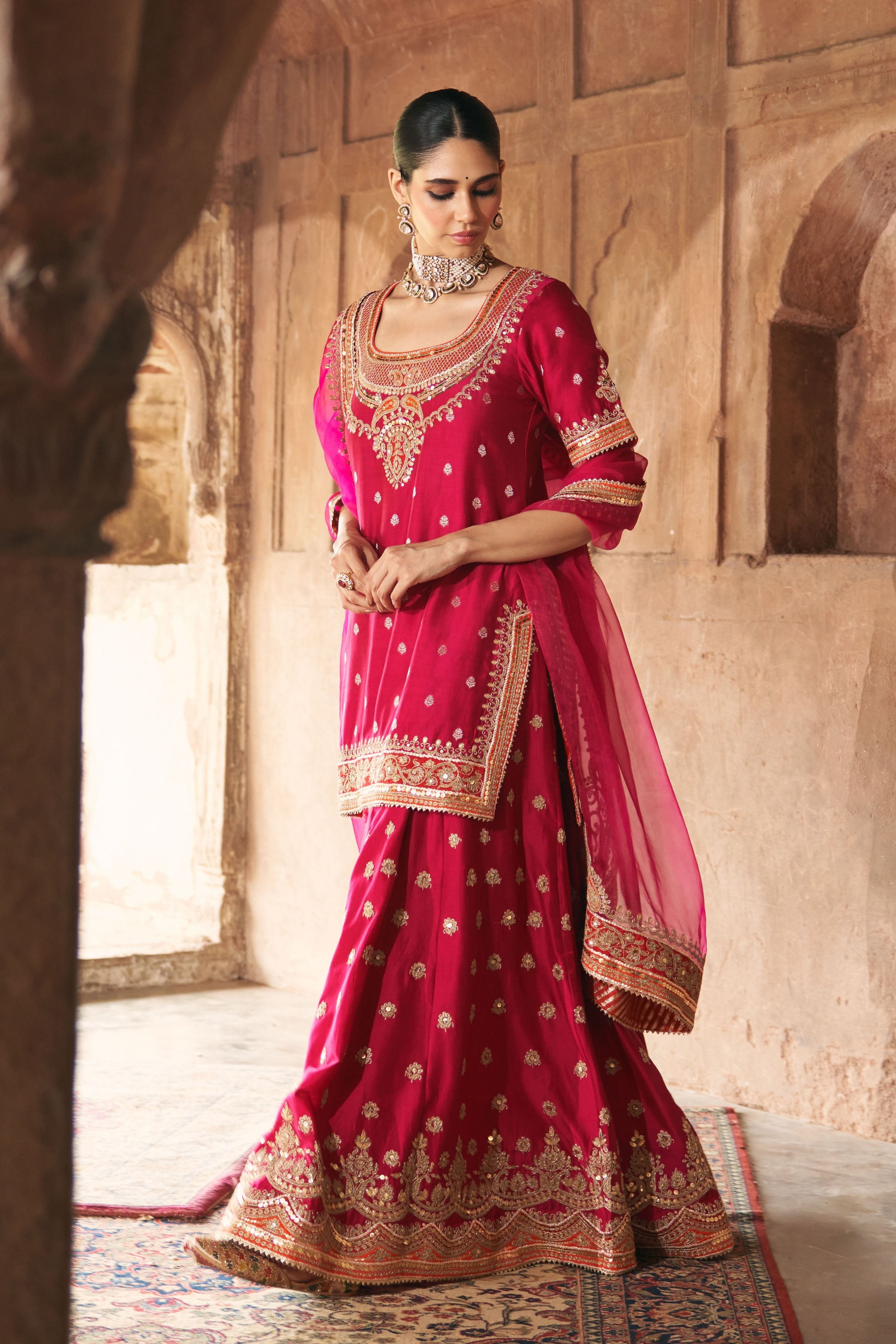 Samreen  Hotpink Short Kurta With Sharara And Dupatta