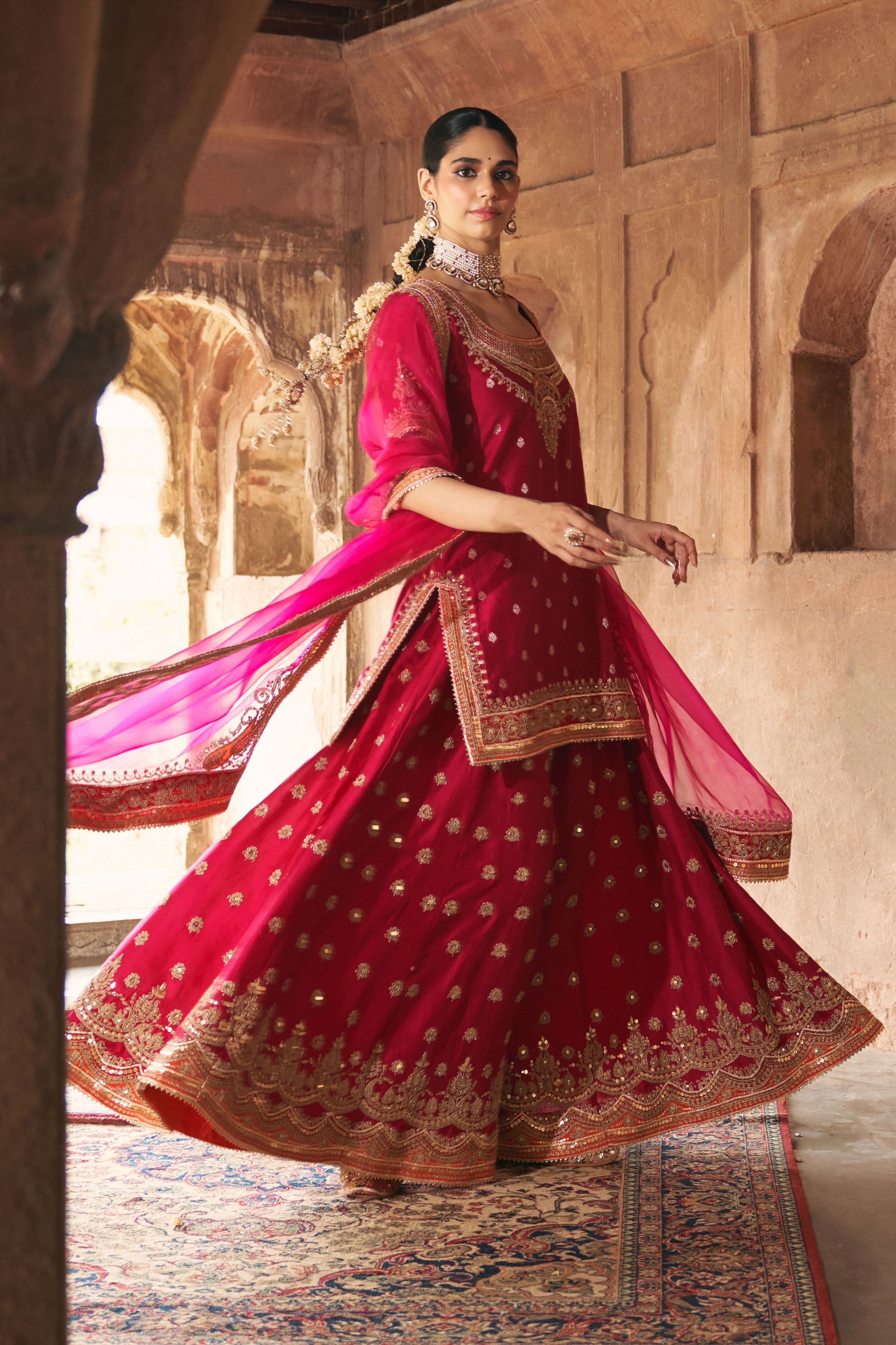 Samreen  Hotpink Short Kurta With Sharara And Dupatta