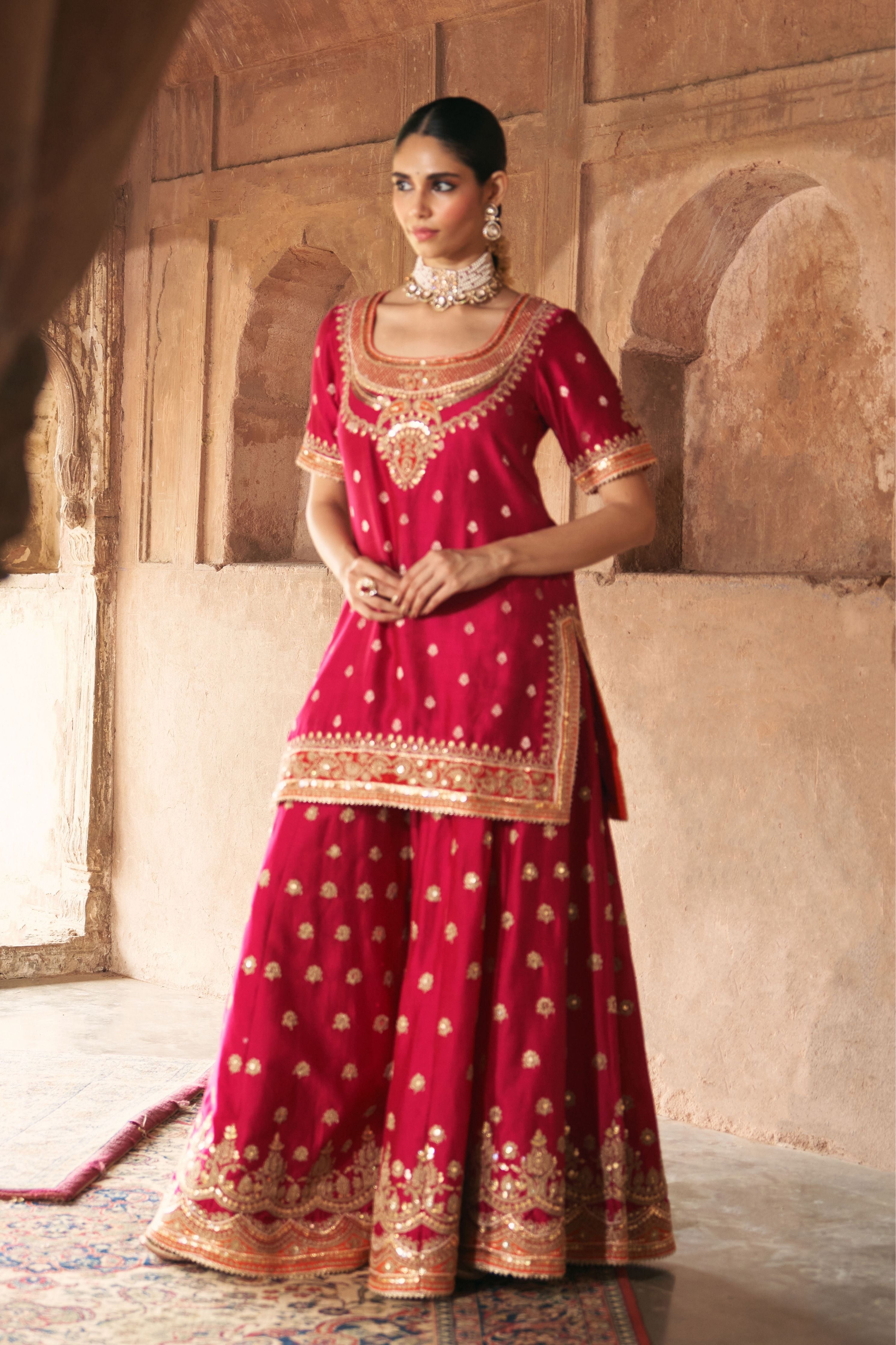 Samreen  Hotpink Short Kurta With Sharara And Dupatta