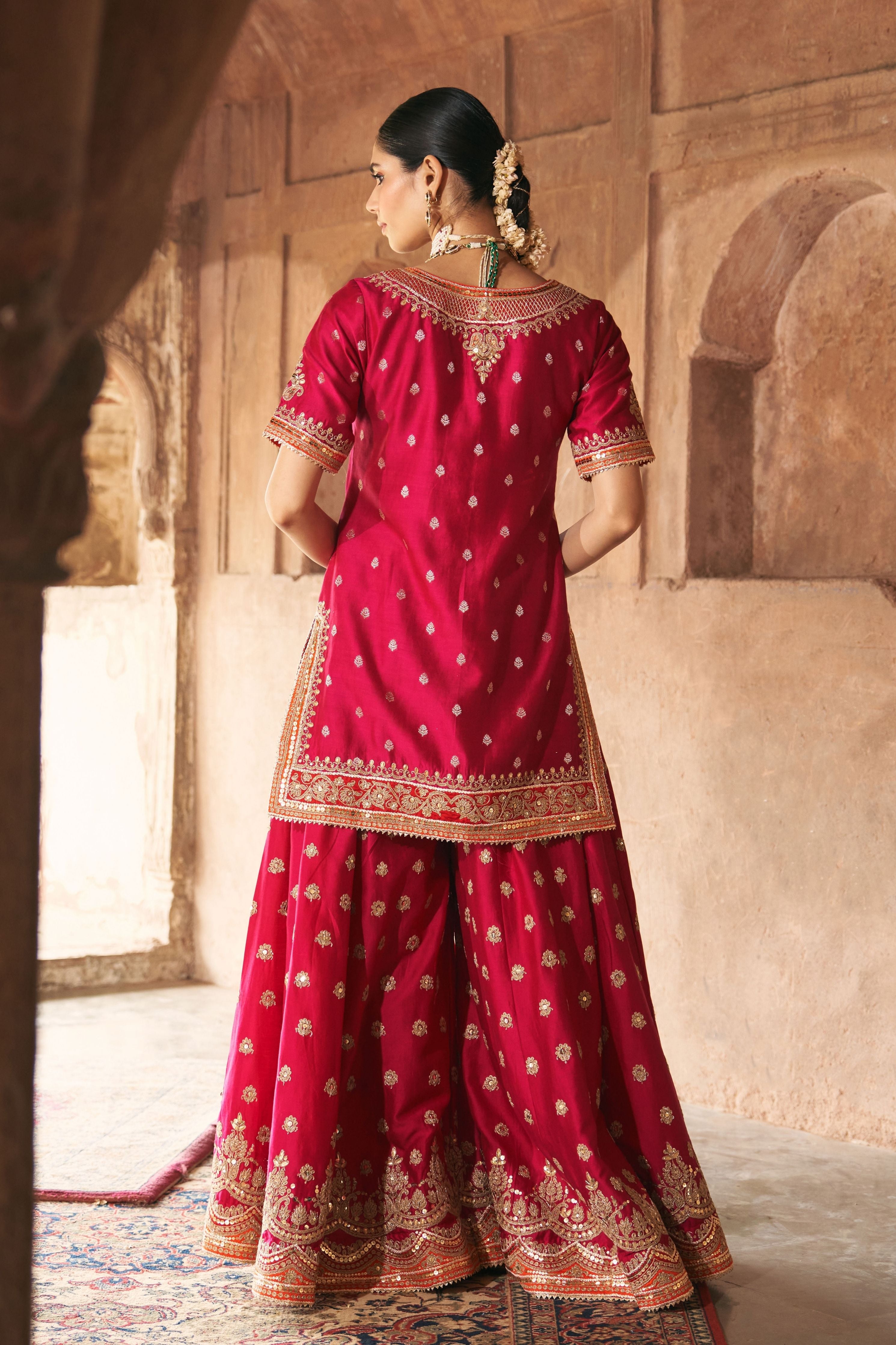 Samreen  Hotpink Short Kurta With Sharara And Dupatta