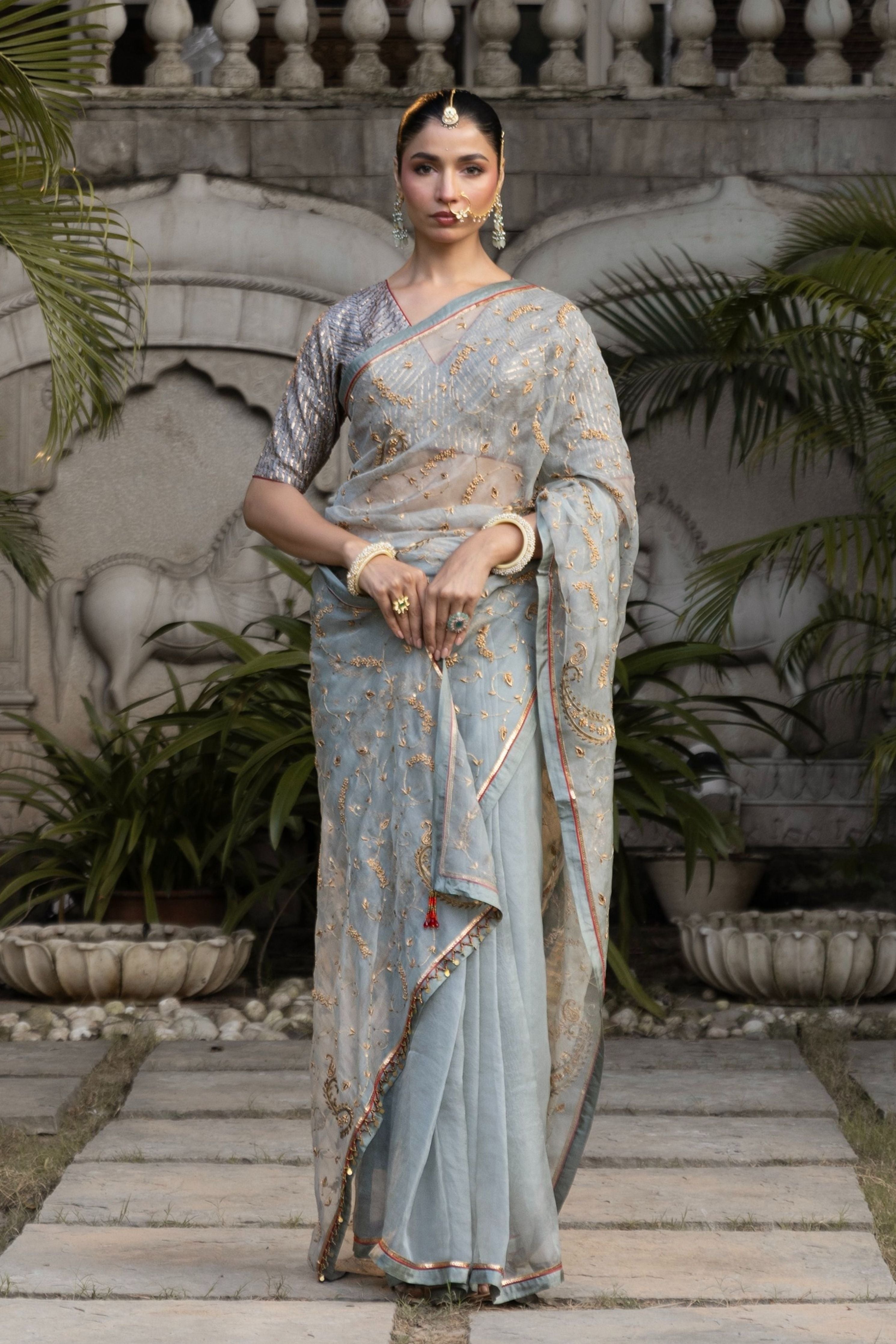 Slate Blue Saree With Blouse