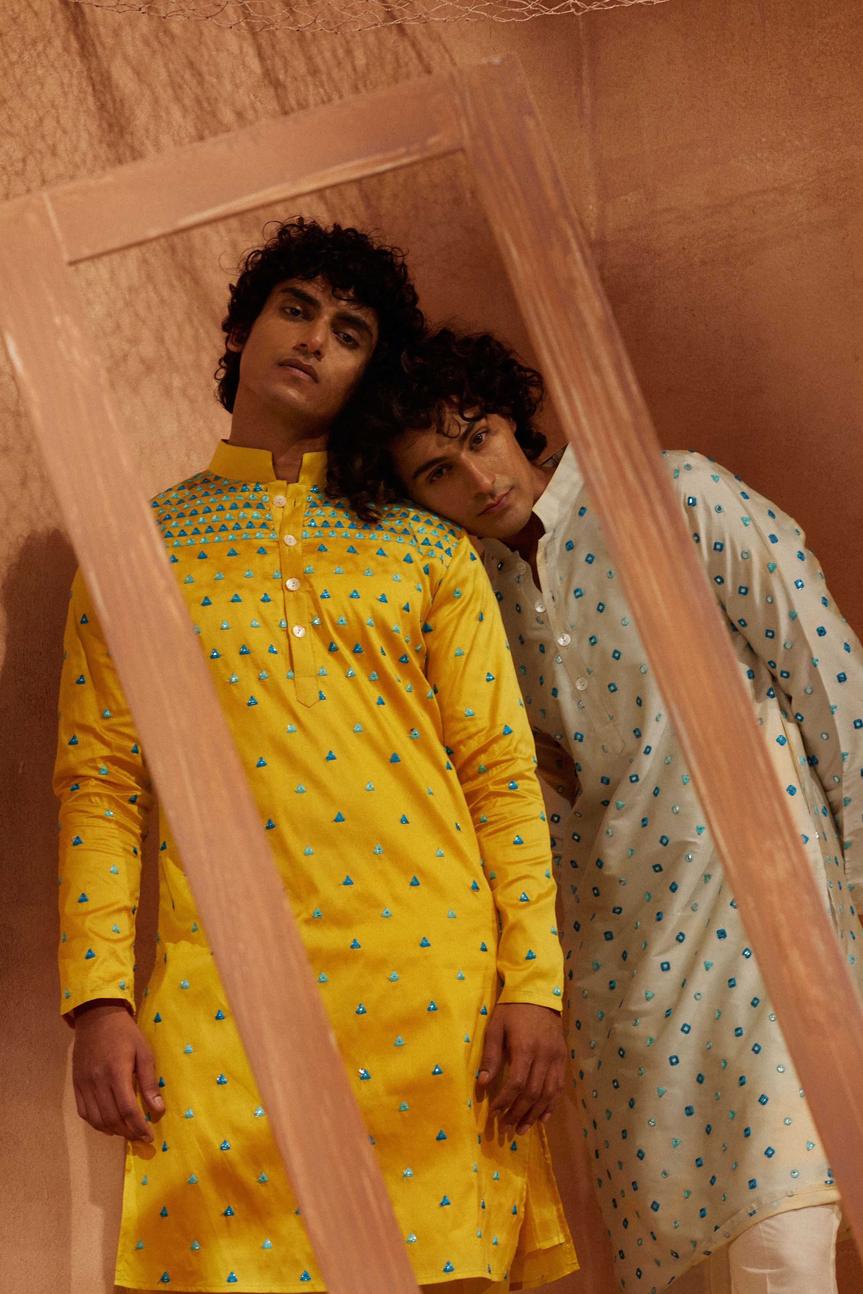 Trikona Yellow Mirror Kurta Set