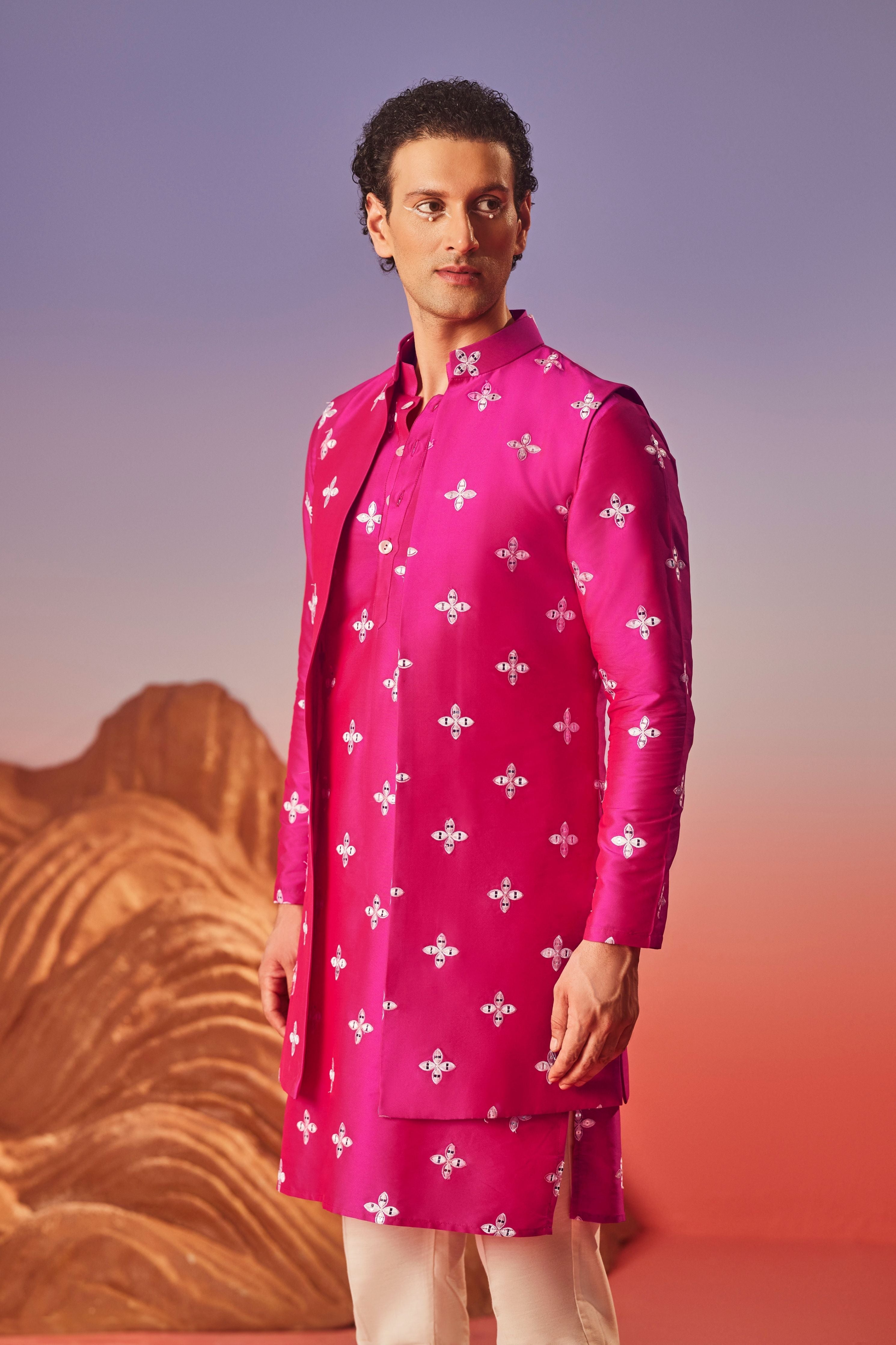 Gul Silk Embroidery Nehru Jacket Set