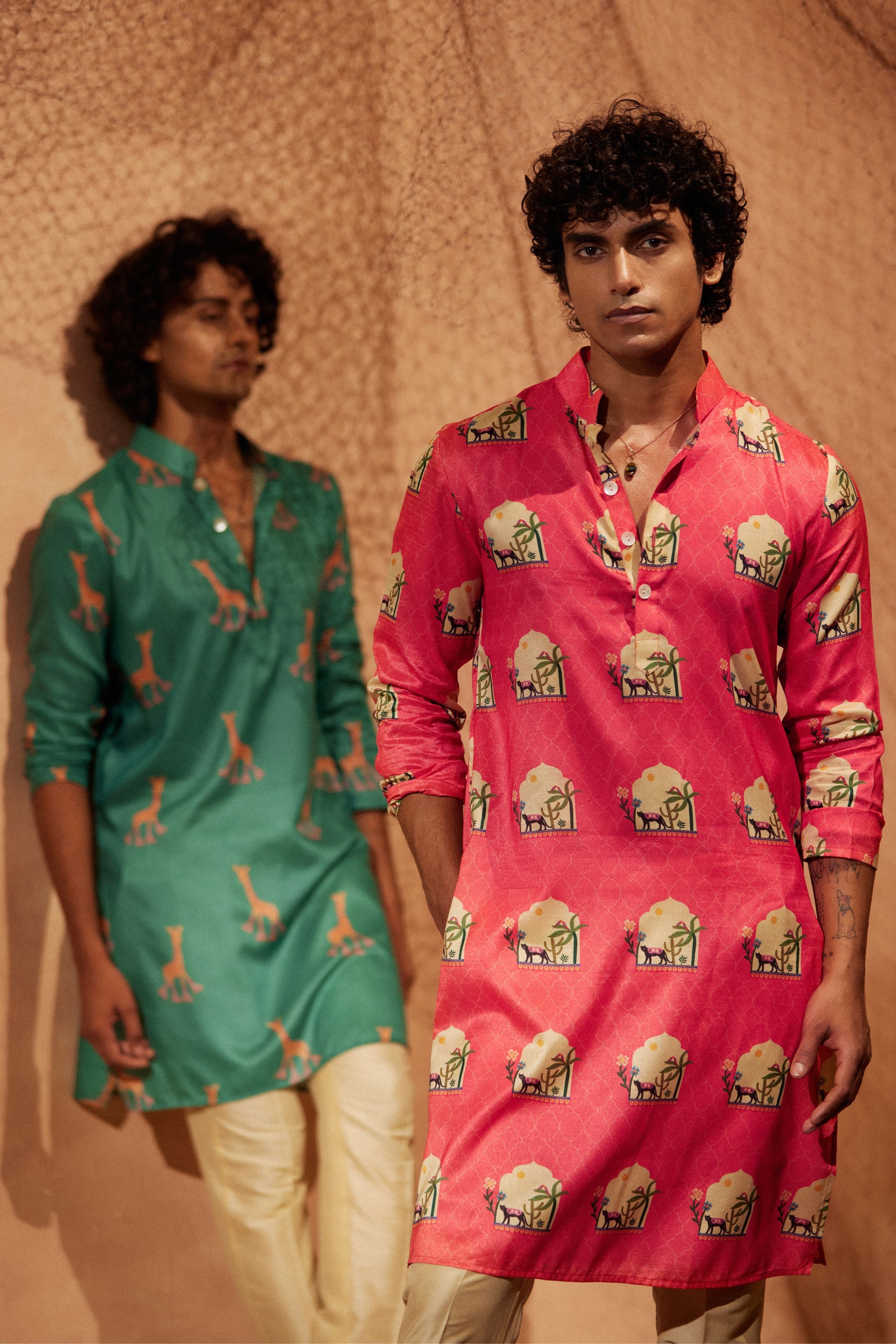 Rolling Giraffe Printed Silk Kurta Set