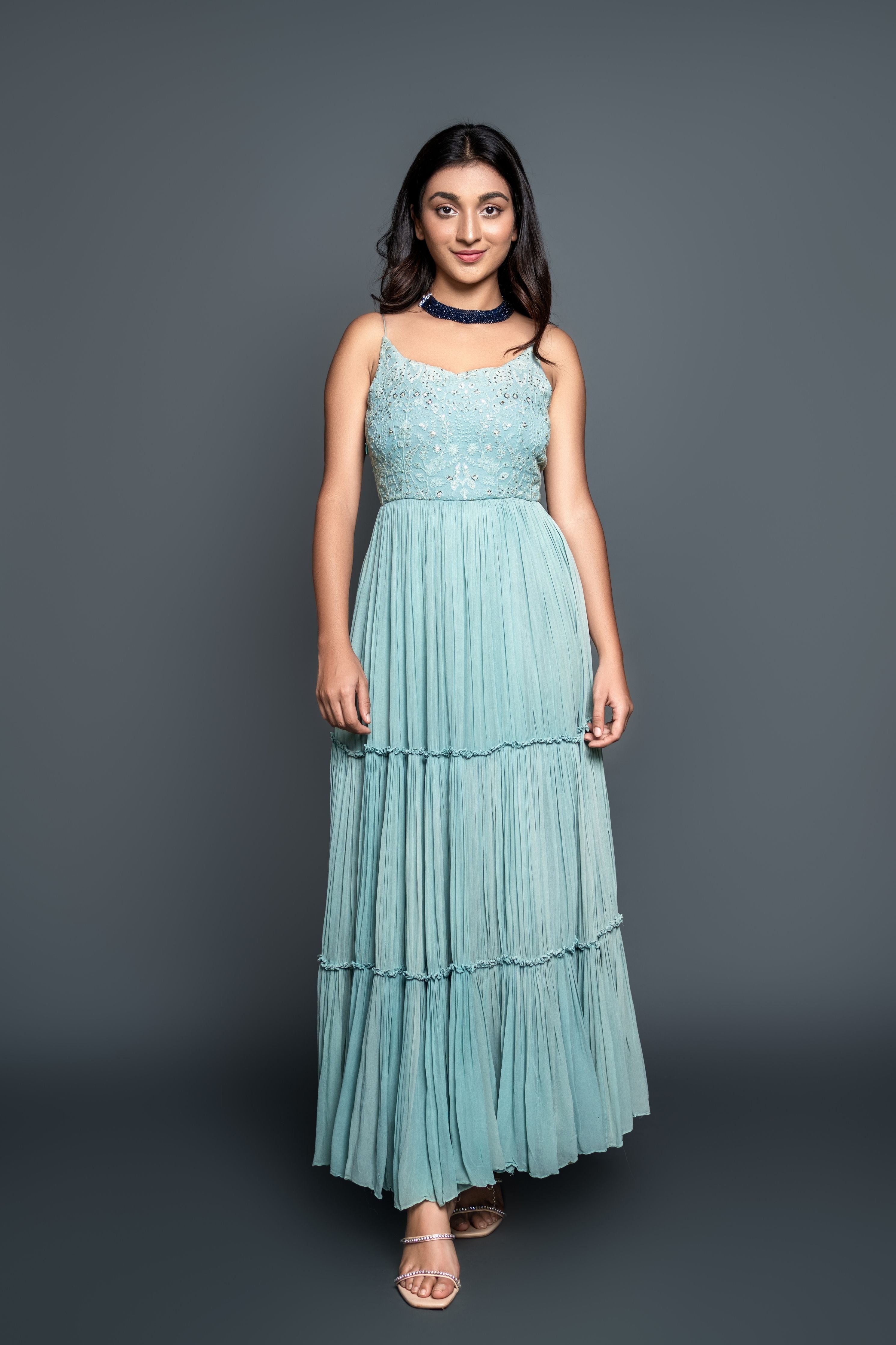 Sky Blue Chikankari Pleated Anarkali Set