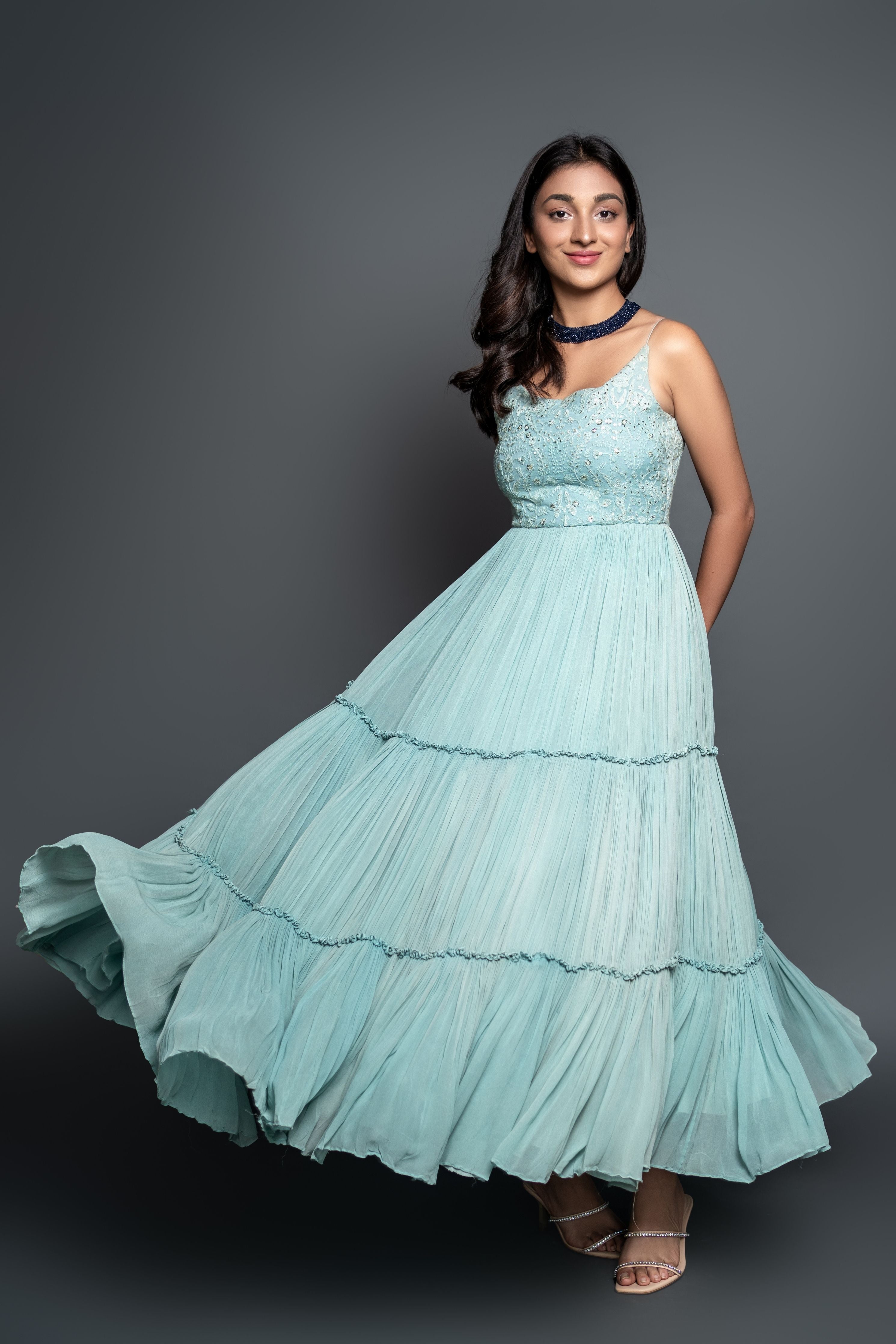 Sky Blue Chikankari Pleated Anarkali Set
