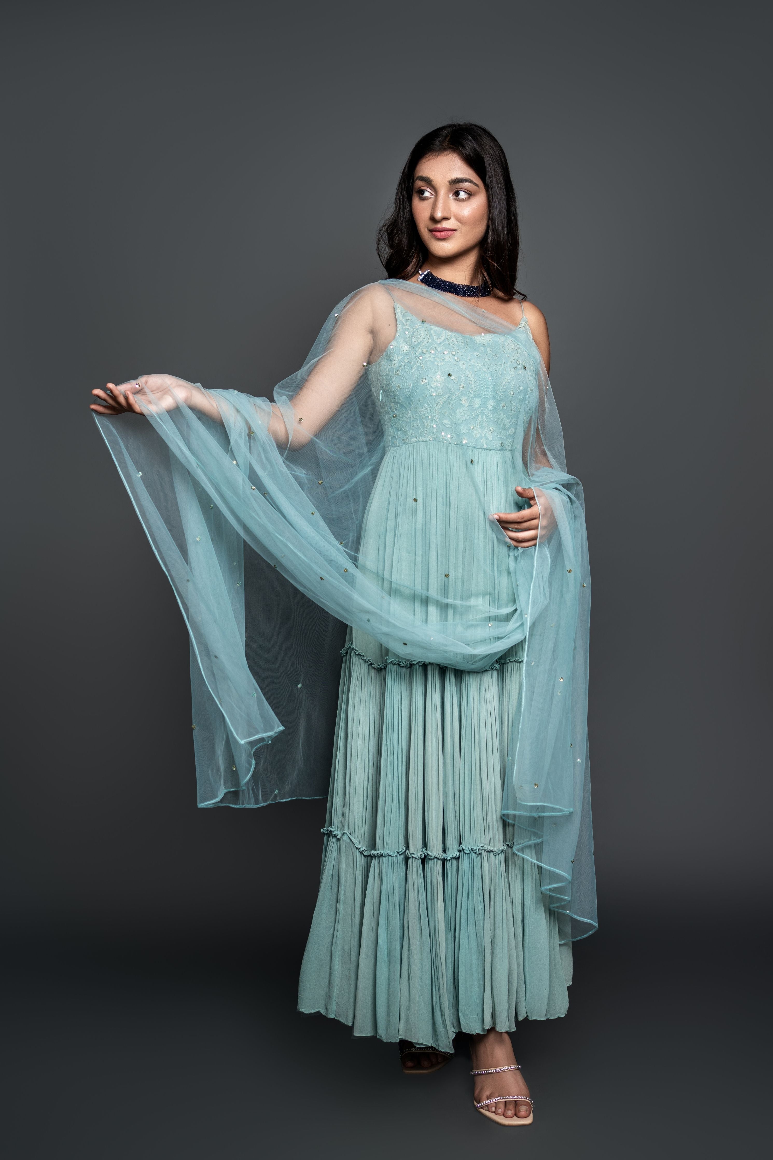 Sky Blue Chikankari Pleated Anarkali Set