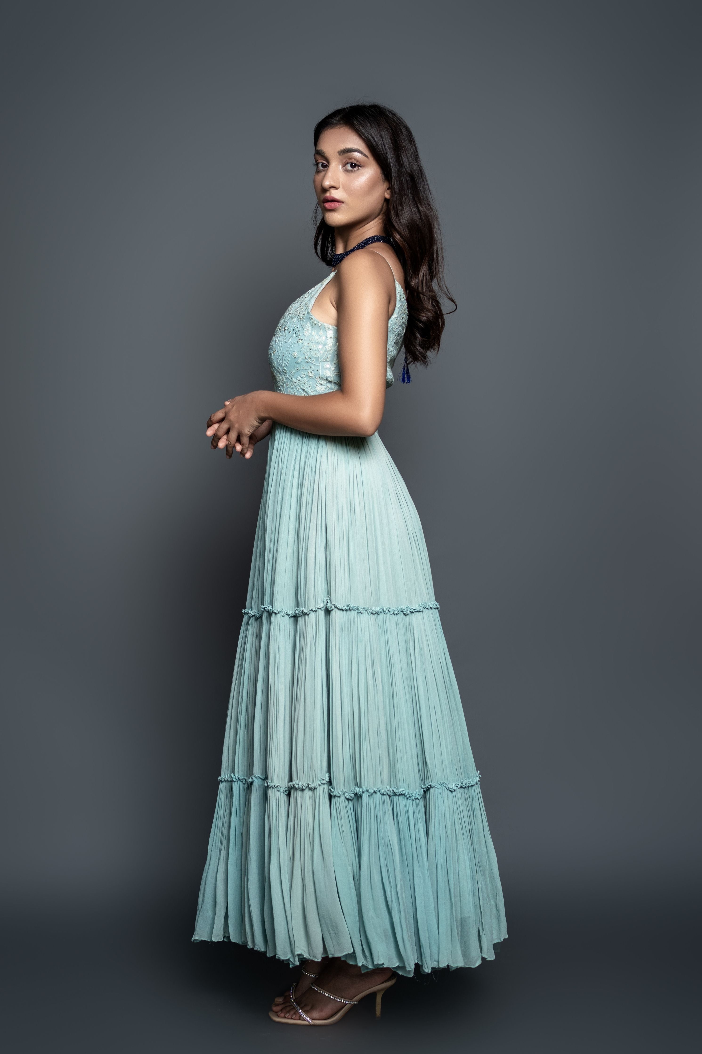 Sky Blue Chikankari Pleated Anarkali Set