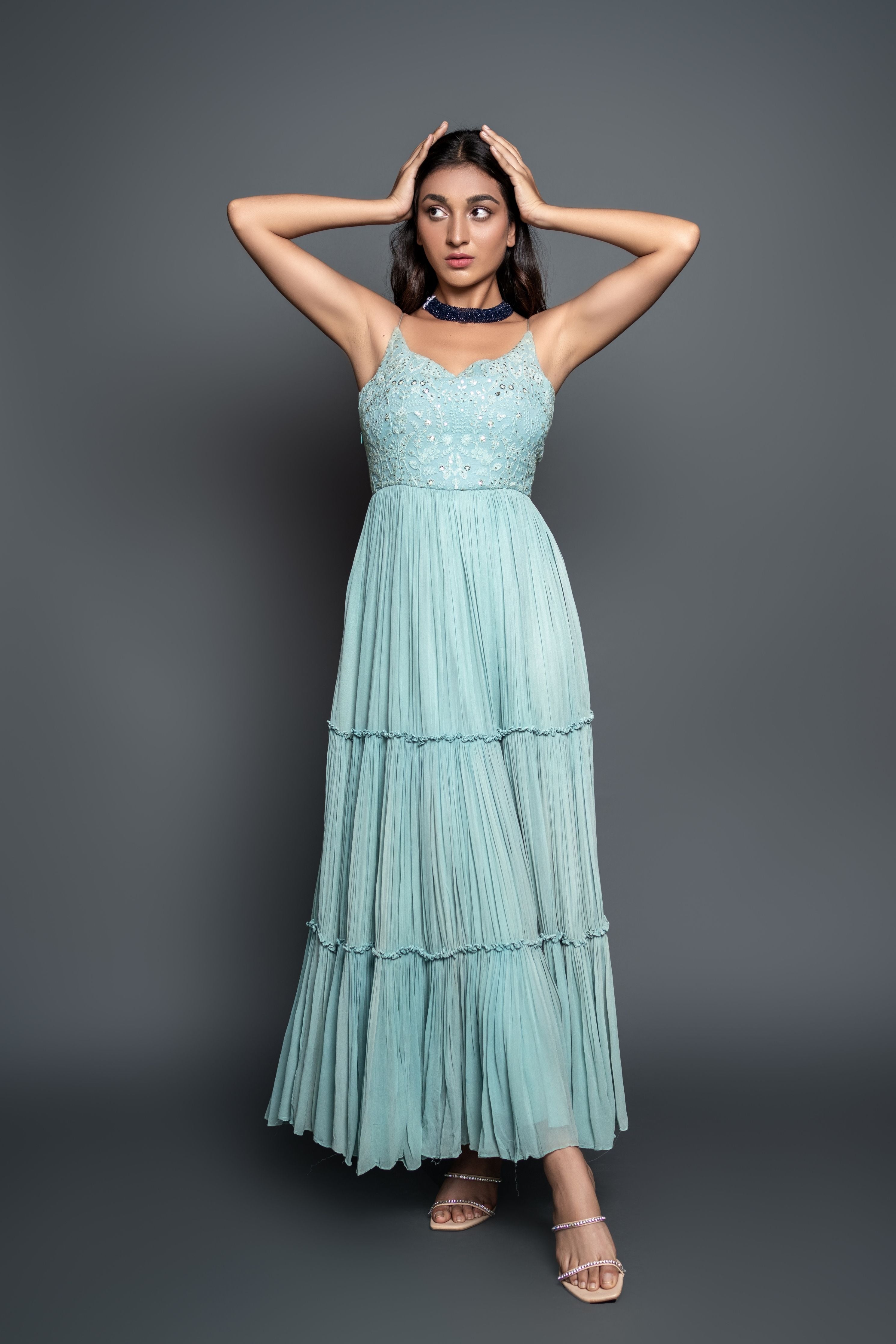 Sky Blue Chikankari Pleated Anarkali Set