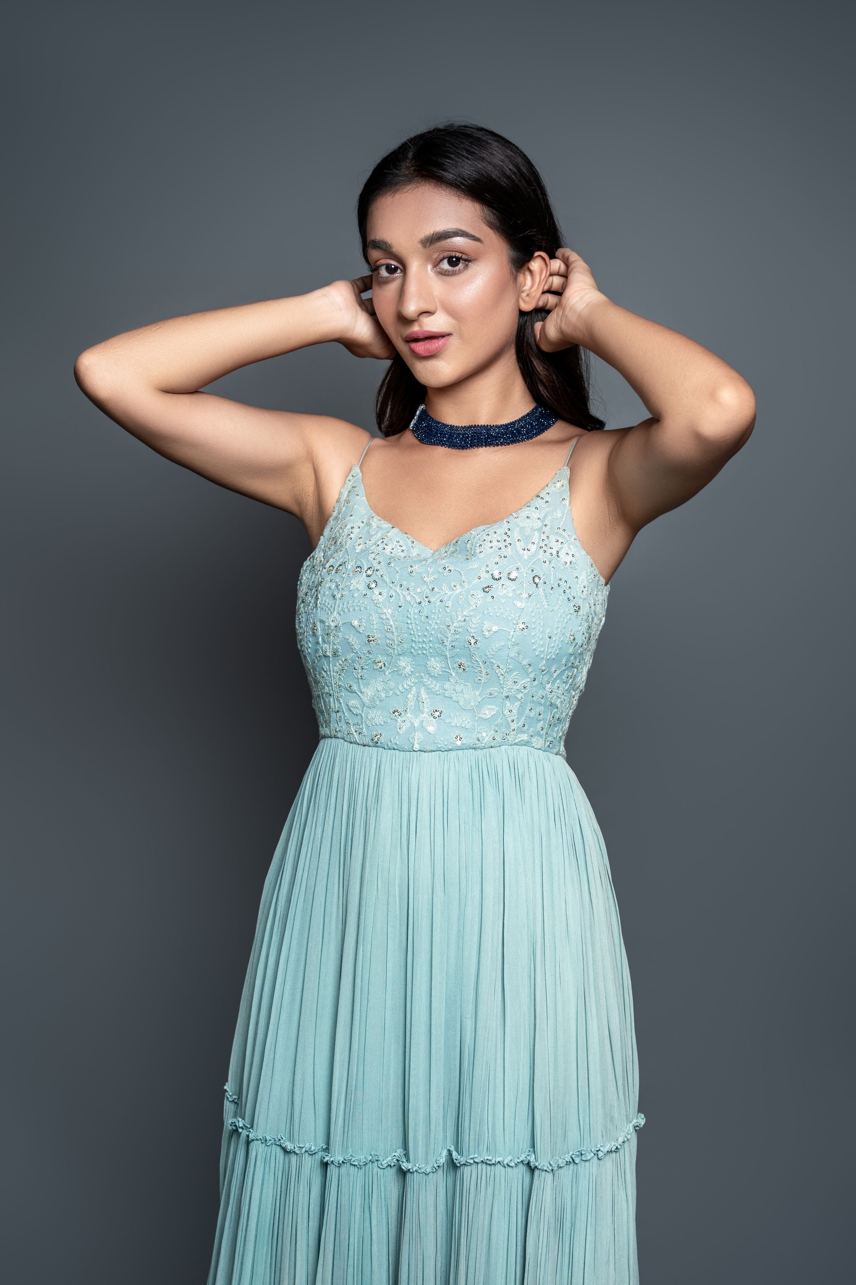 Sky Blue Chikankari Pleated Anarkali Set