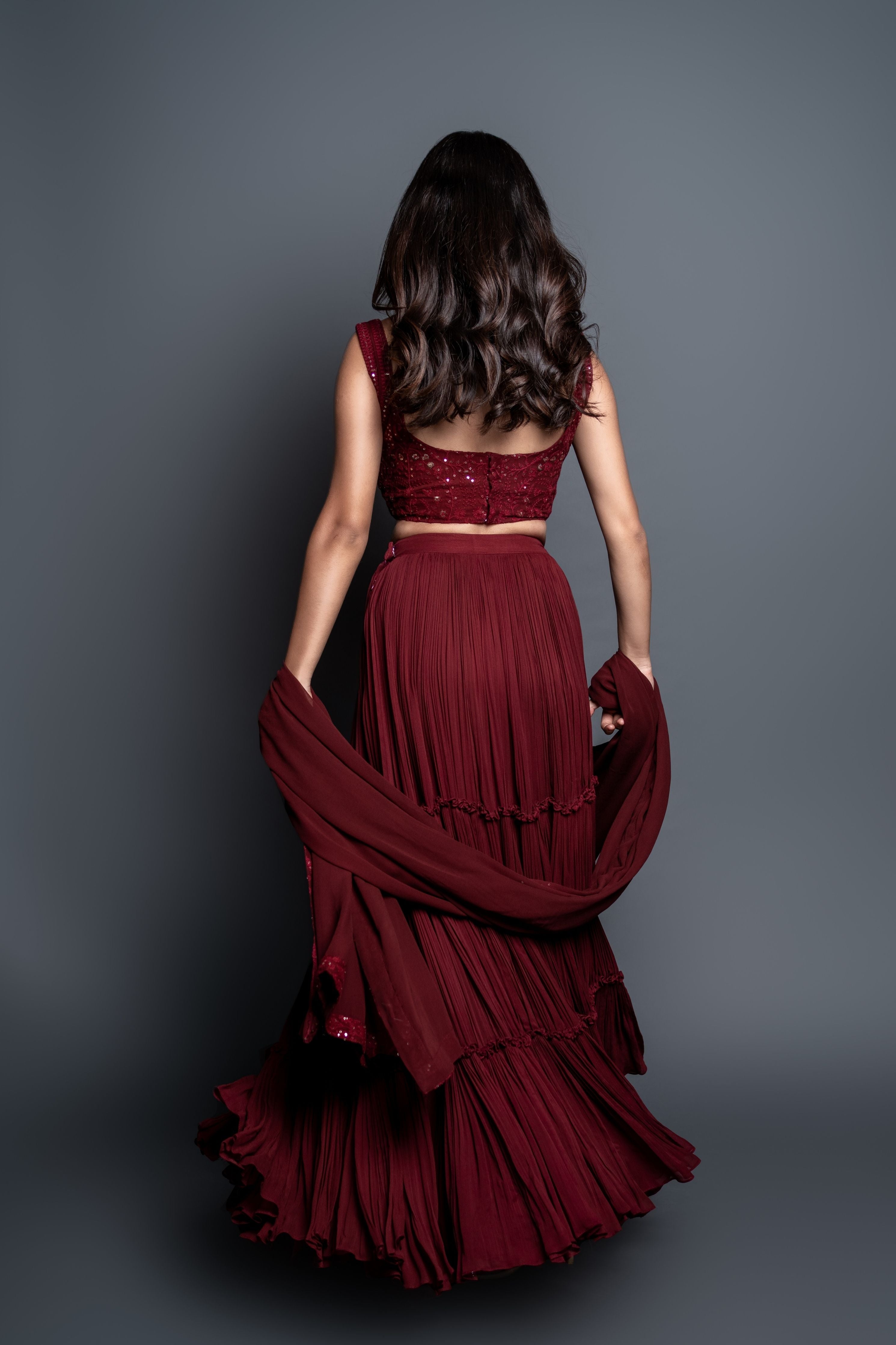 Maroon Chikankari Pleated  Lehenga Set