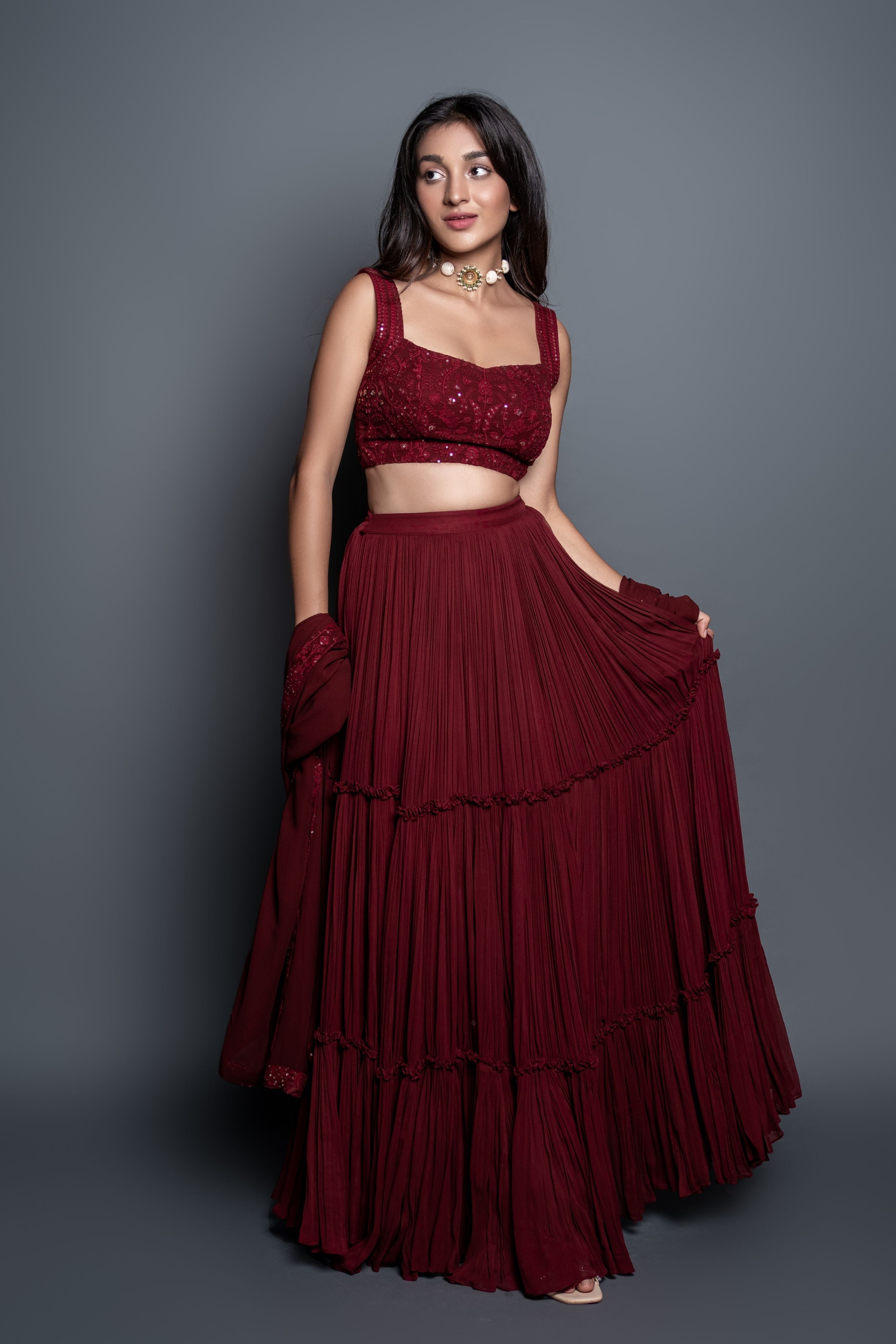Maroon Chikankari Pleated  Lehenga Set