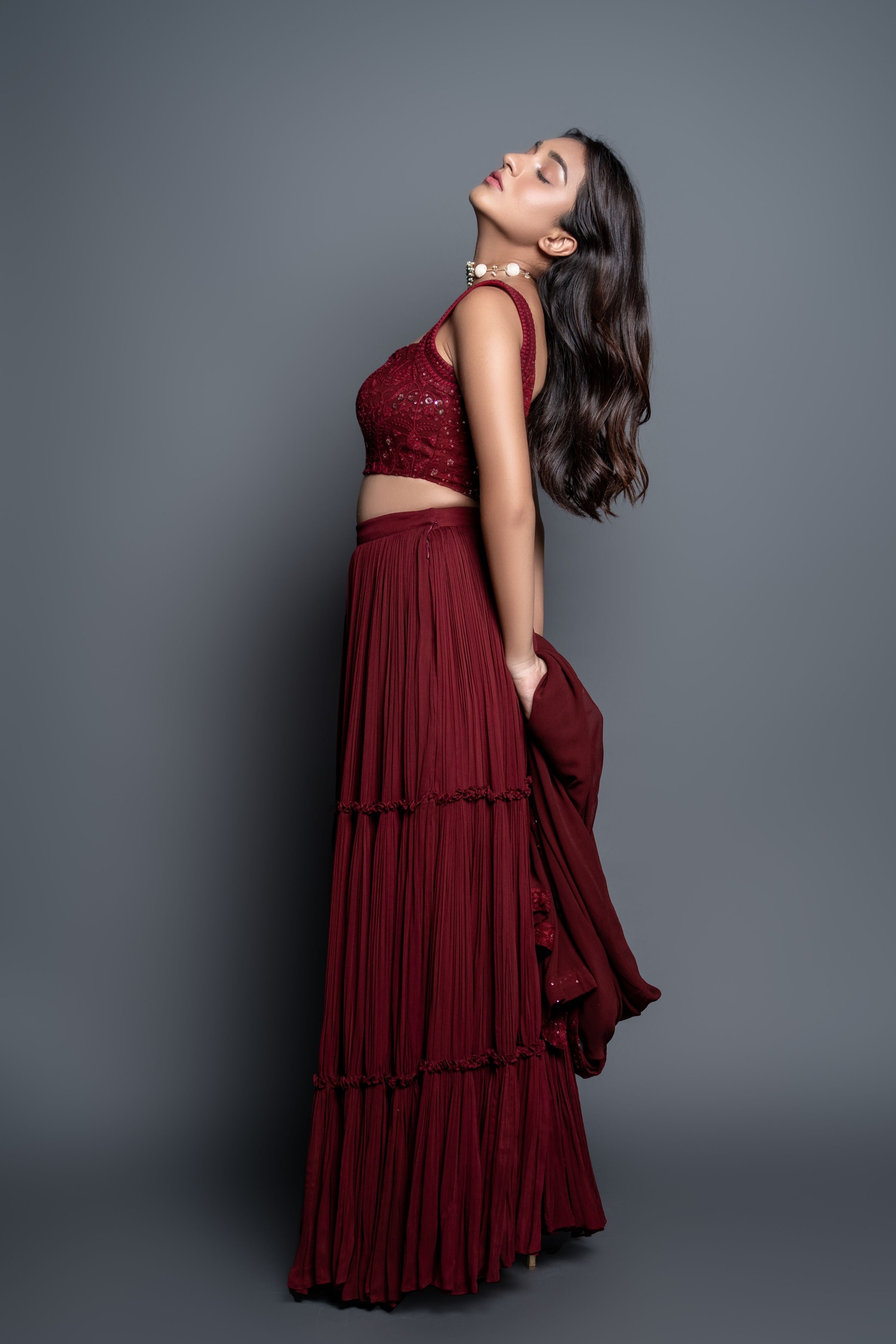 Maroon Chikankari Pleated  Lehenga Set