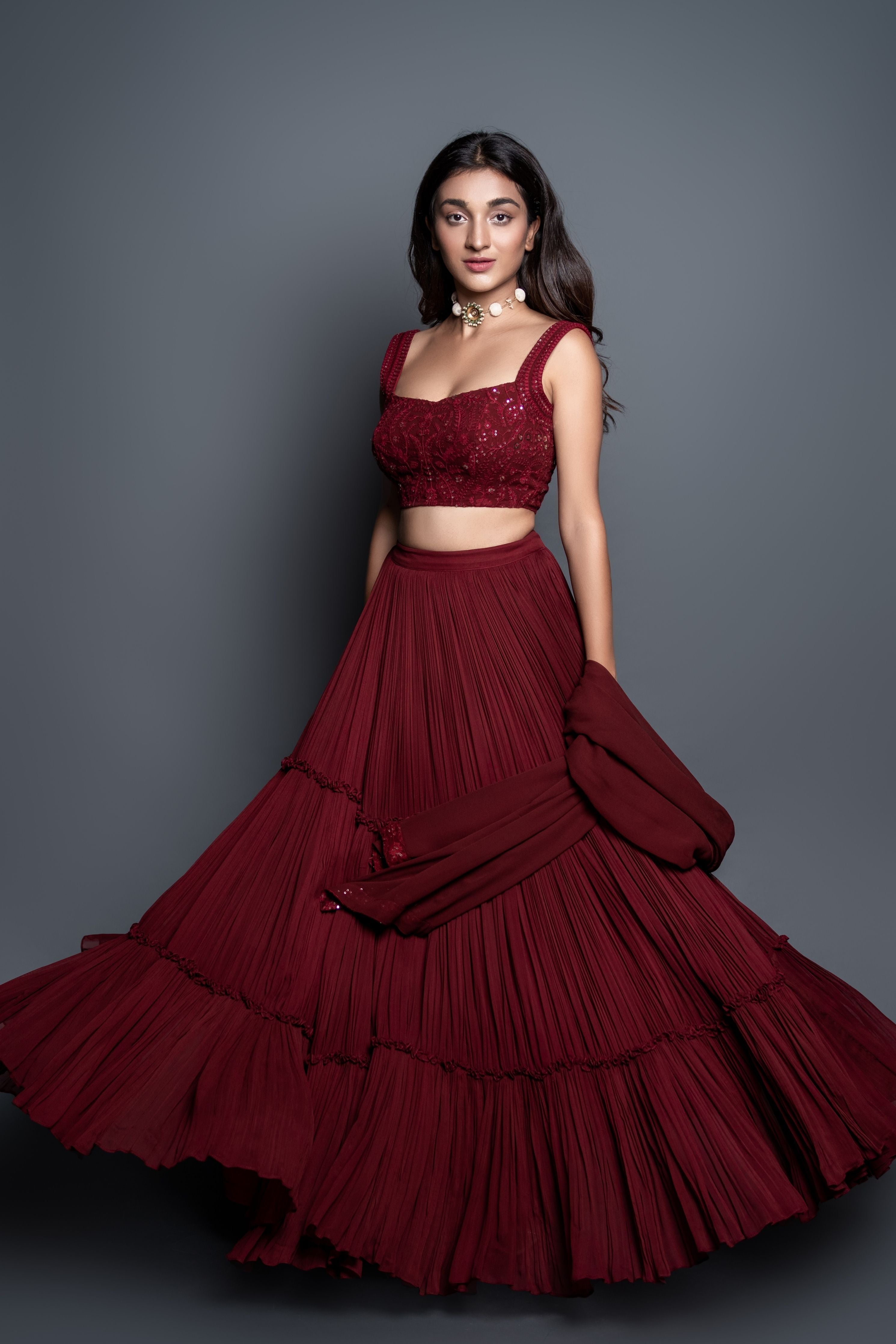 Maroon Chikankari Pleated  Lehenga Set