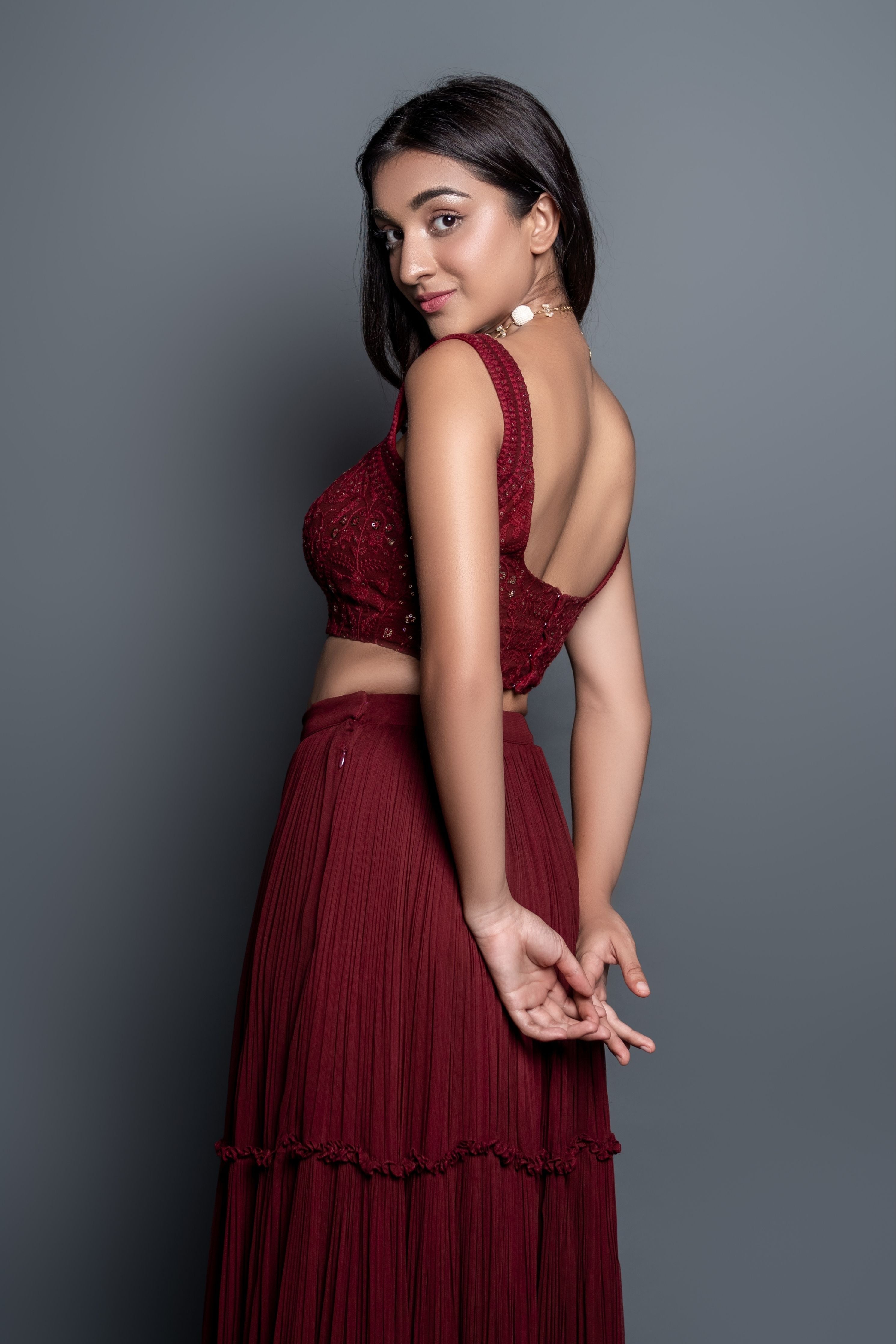 Maroon Chikankari Pleated  Lehenga Set