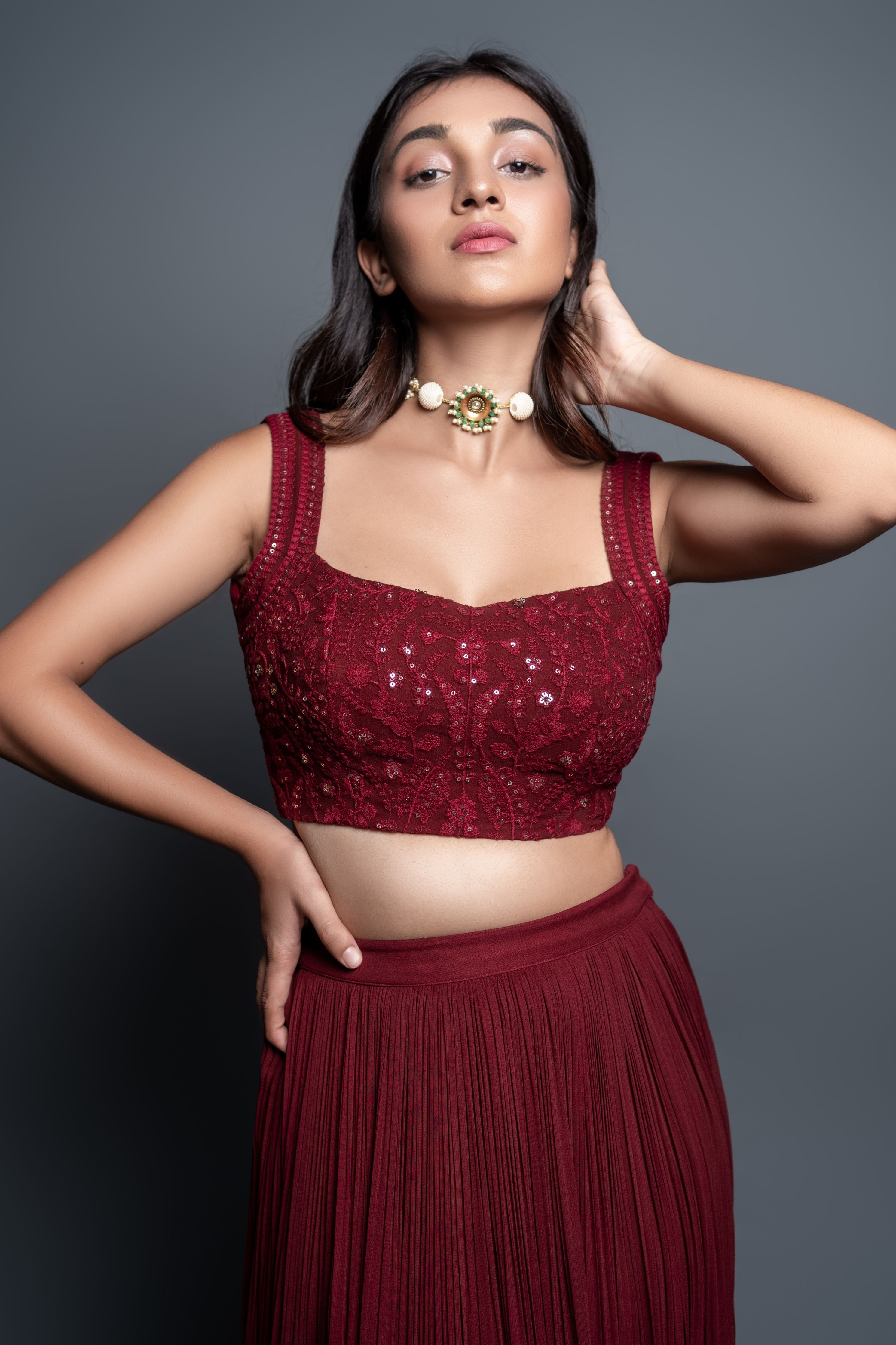 Maroon Chikankari Pleated  Lehenga Set