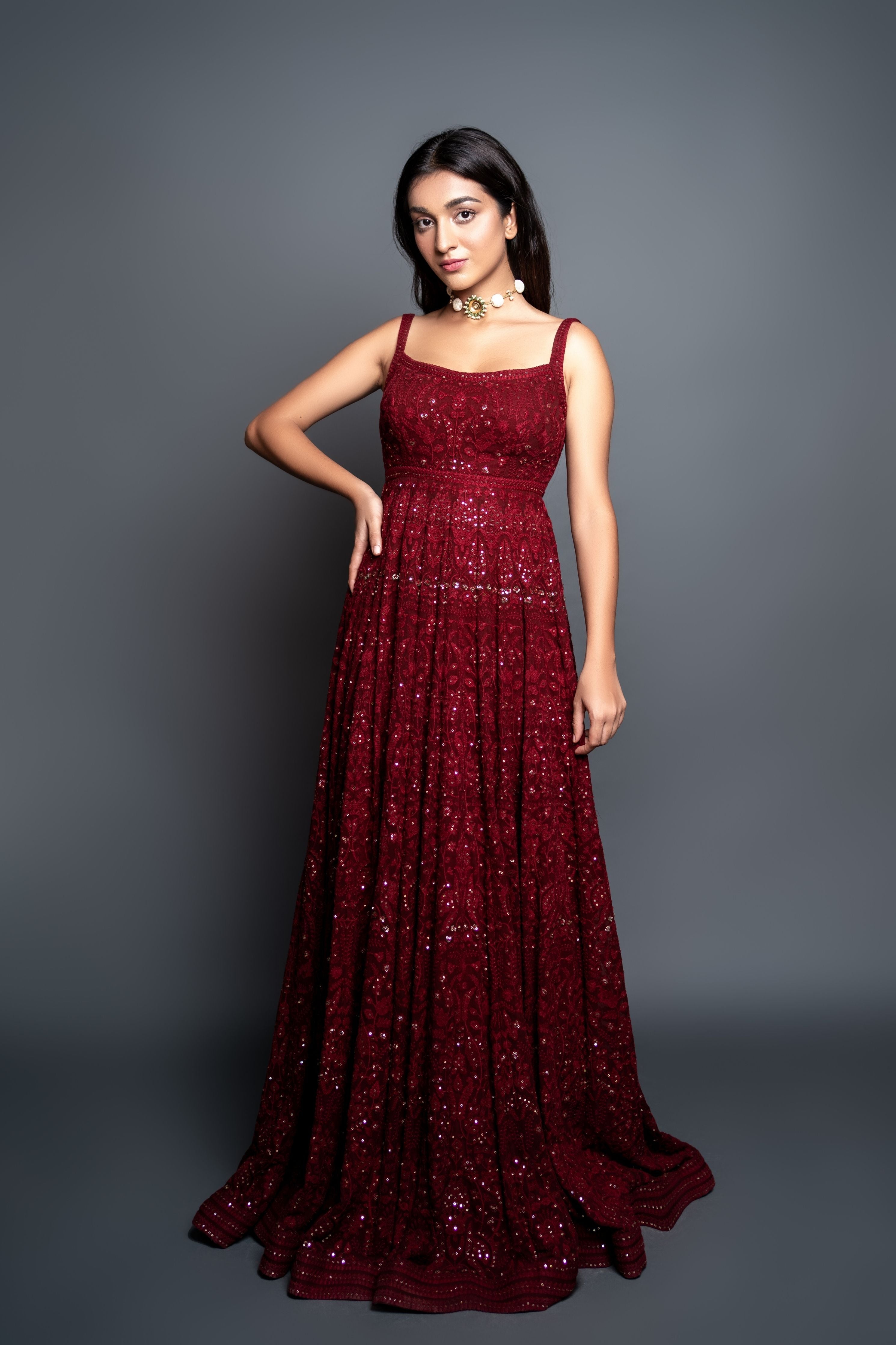 Red Chikankari Anarkali Dress