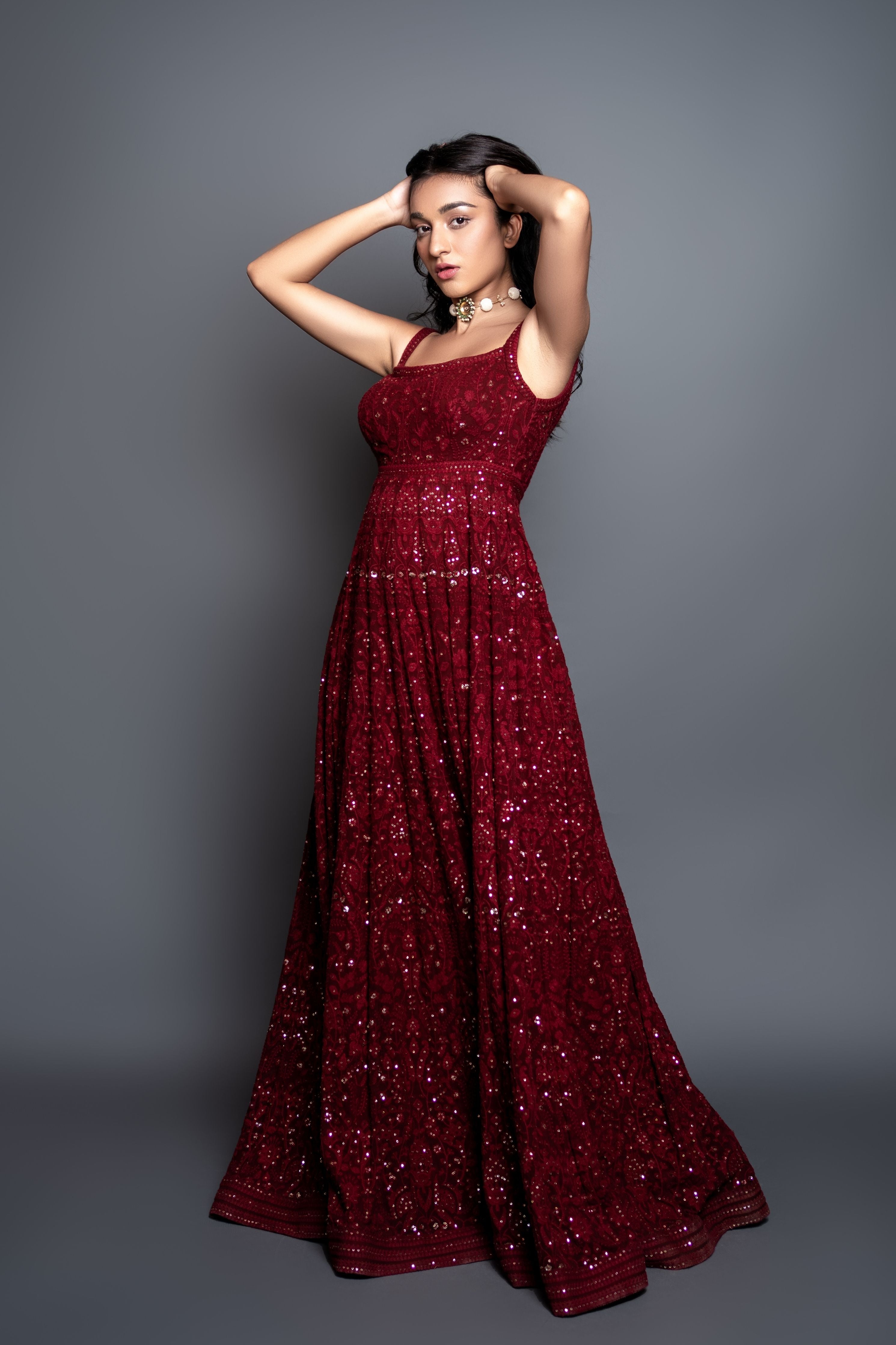 Red Chikankari Anarkali Dress