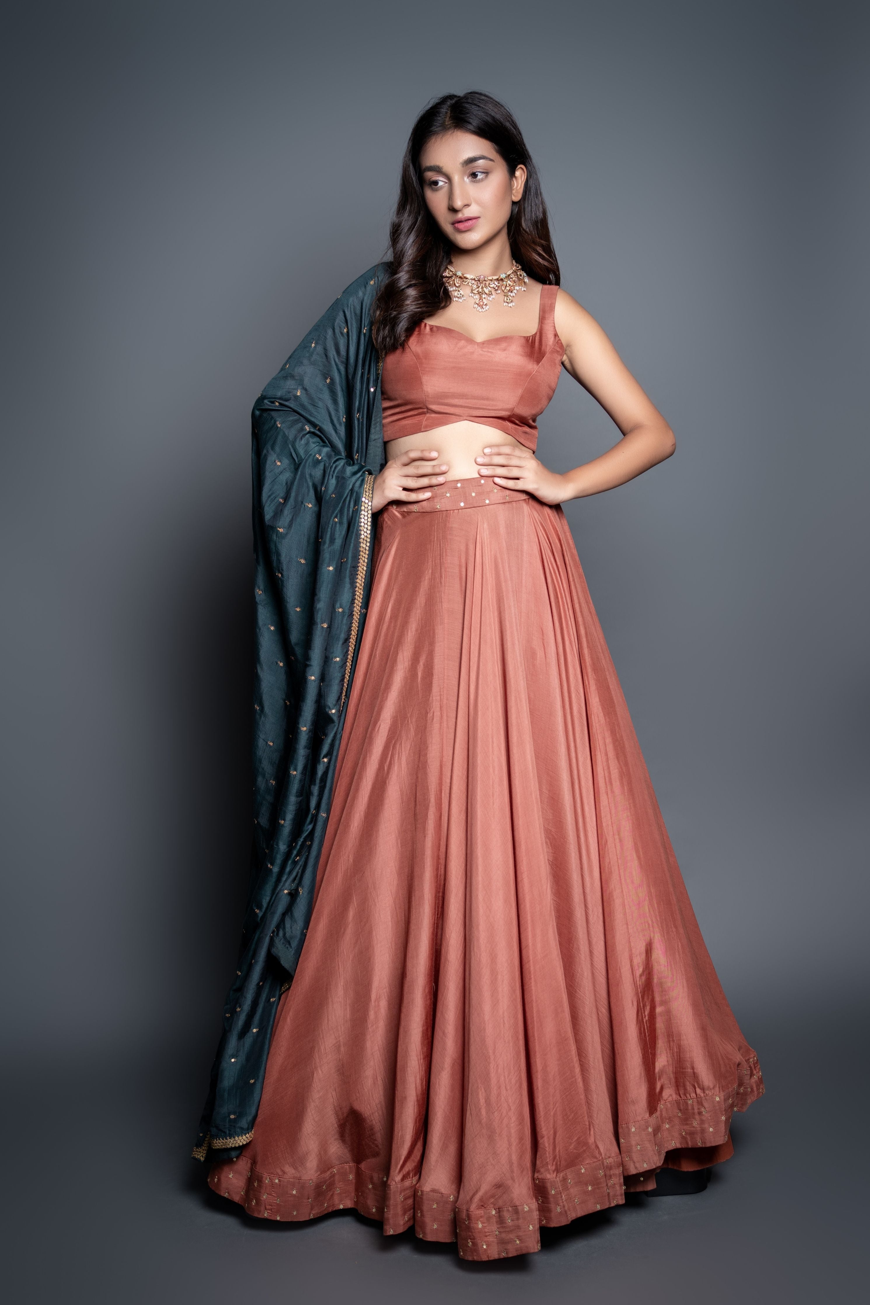 Bronze & Bottle Green Zari Lehenga Set